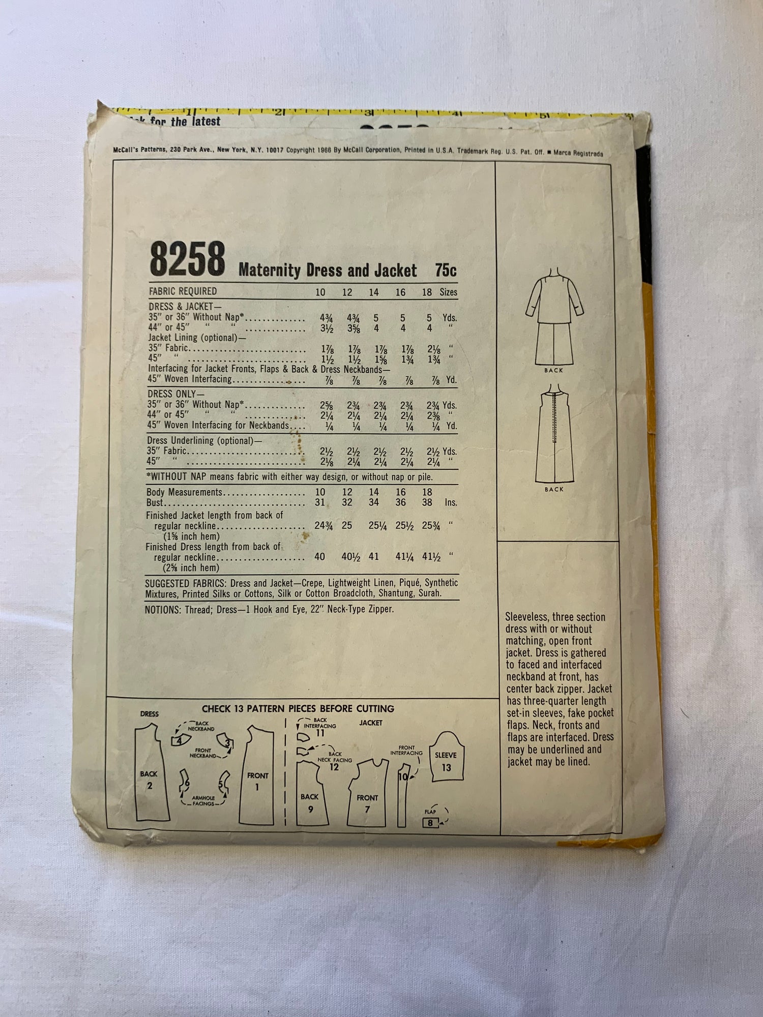 McCall's Sewing Pattern 8258 Misses' Maternity Dress, Jacket, Sleeveless, Zipper Back, Long Sleeves, Gathered Neckline, Size 14 Cut, Vintage 1966