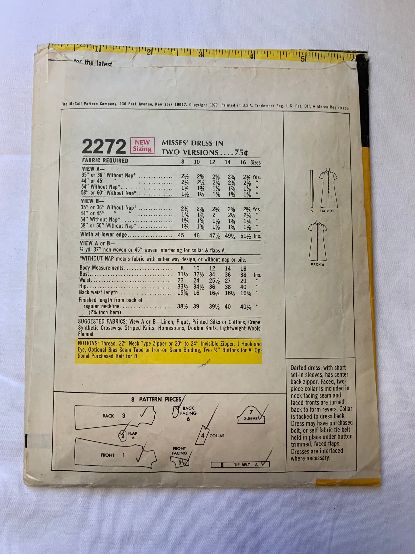 McCall's Sewing Pattern 2272 Misses' Dresses, 2 Variations, Darts, Zipper Back, Tie Belt, Short Sleeves, Size 16, Cut, Vintage 1970