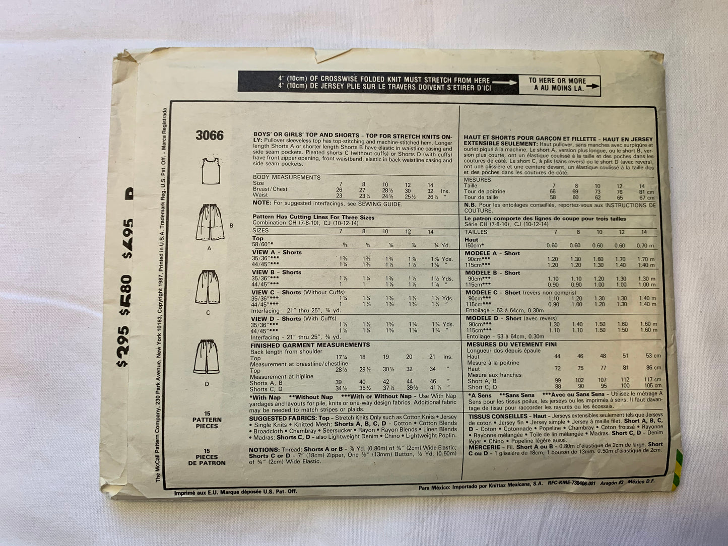 McCall's Sewing Pattern 3066 Boys' and Girls' Tops, Shorts, Stretch Knits, Pullover, Sleeveless, Two Lengths, Elastic Waist, Pull-On, Pockets, Size 7-8, Cut, Vintage 1987