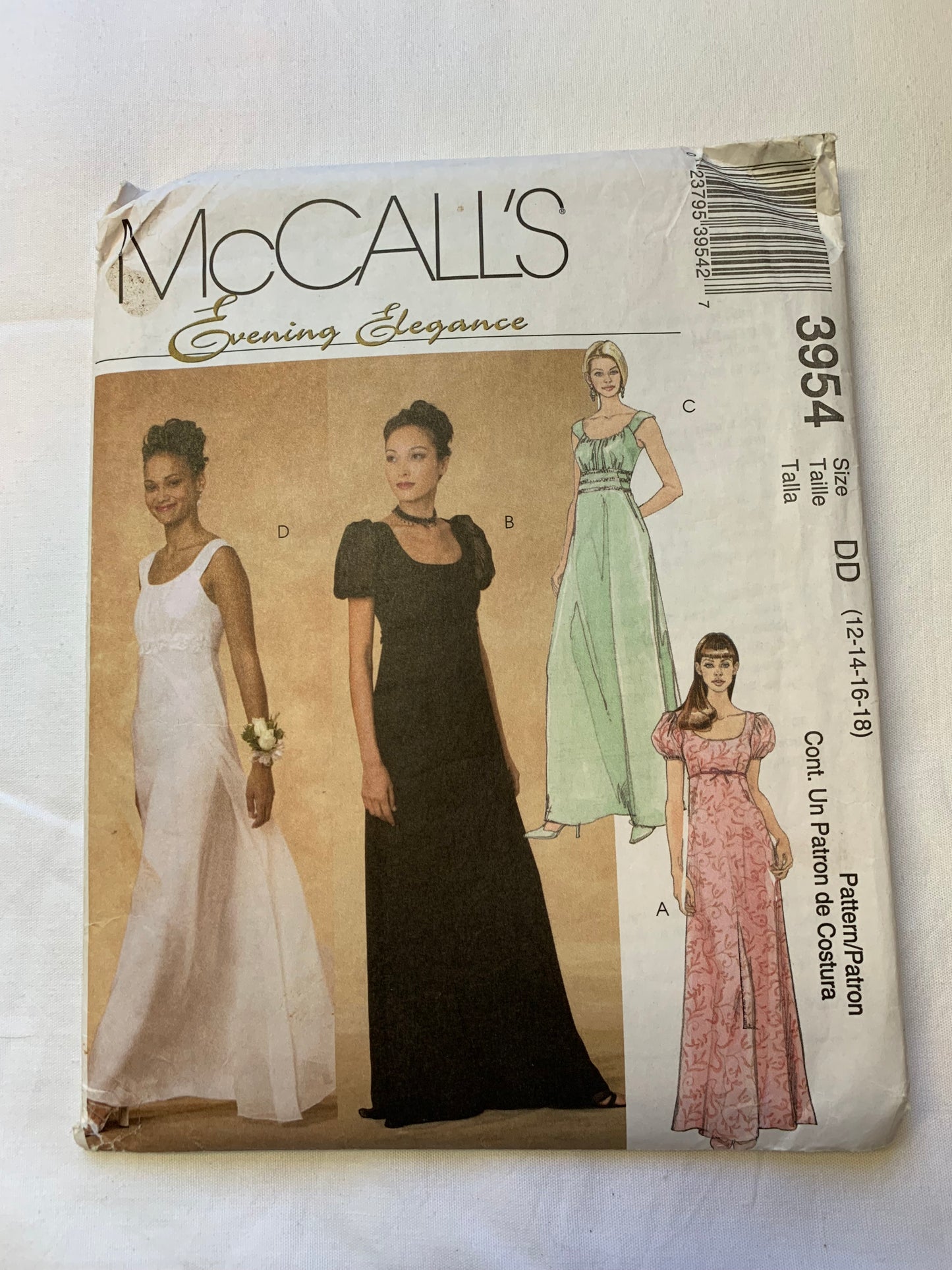McCall's Sewing Pattern Evening Elegance 3954 Misses'/Misses' Petite Dresses, Gown, Overlay, Floor Length, Zipper, Sleeveless, Short Sleeves, Size 12-18, Cut, 2003