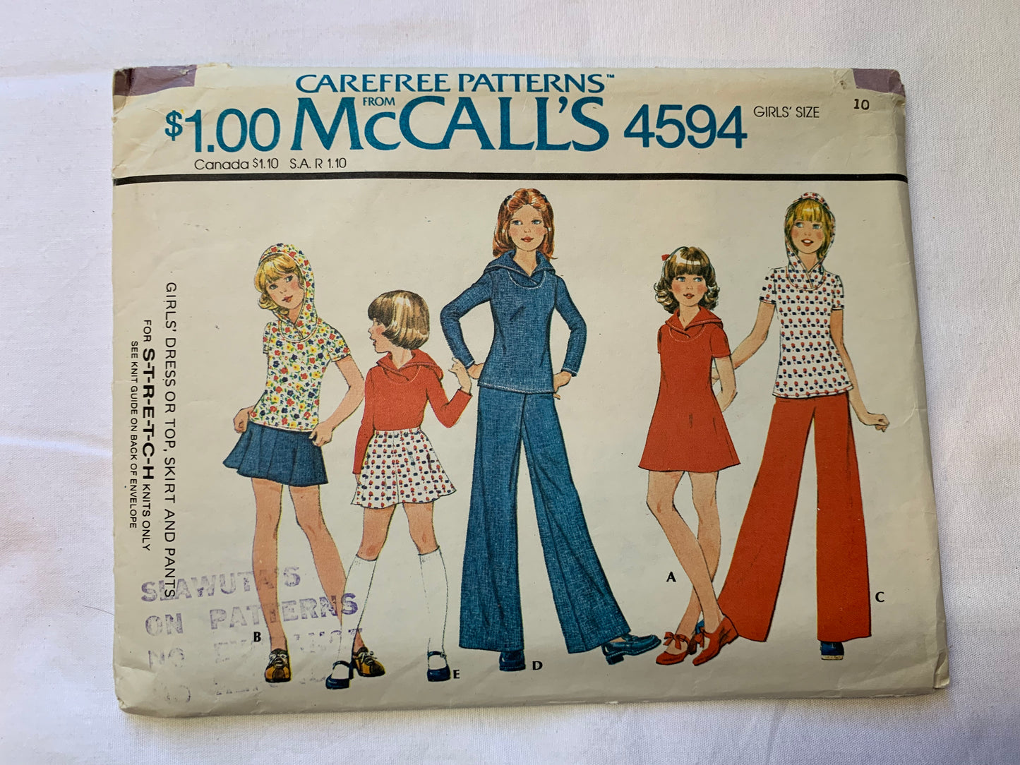 McCall's Sewing Pattern 4594 Girls' Dress, Top, Skirt, Pants, Stretch Knits, Hood, Long/Short Sleeves, Pull-On, Elastic Waist, Two Lengths, Size 10, Cut, Vintage 1975