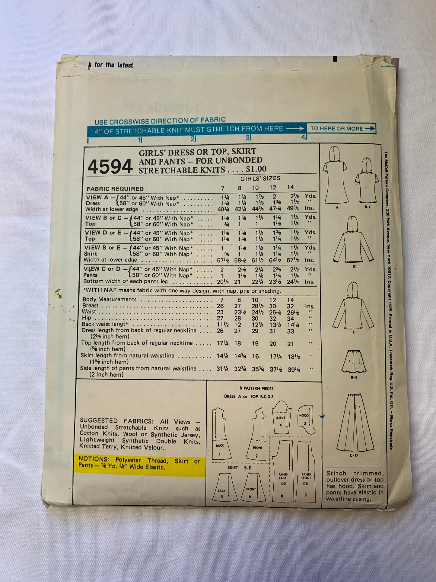 McCall's Sewing Pattern 4594 Girls' Dress, Top, Skirt, Pants, Stretch Knits, Hood, Long/Short Sleeves, Pull-On, Elastic Waist, Two Lengths, Size 10, Cut, Vintage 1975
