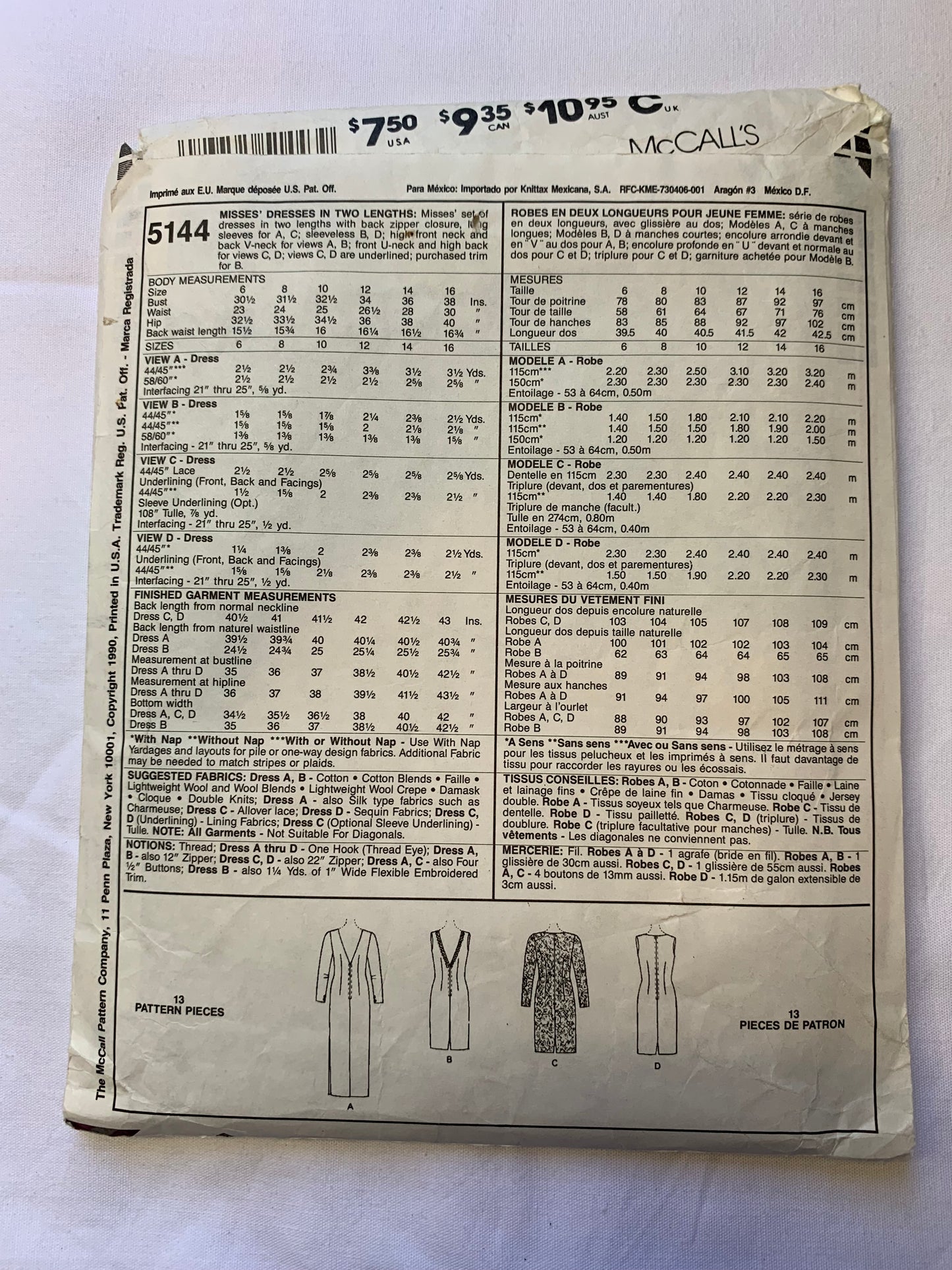 McCall's Sewing Pattern 5144 Misses' Dress, Two Lengths, Sleeveless, Long Sleeves, Evening Gown, Zipper Back, Size 10, Cut, Vintage 1990