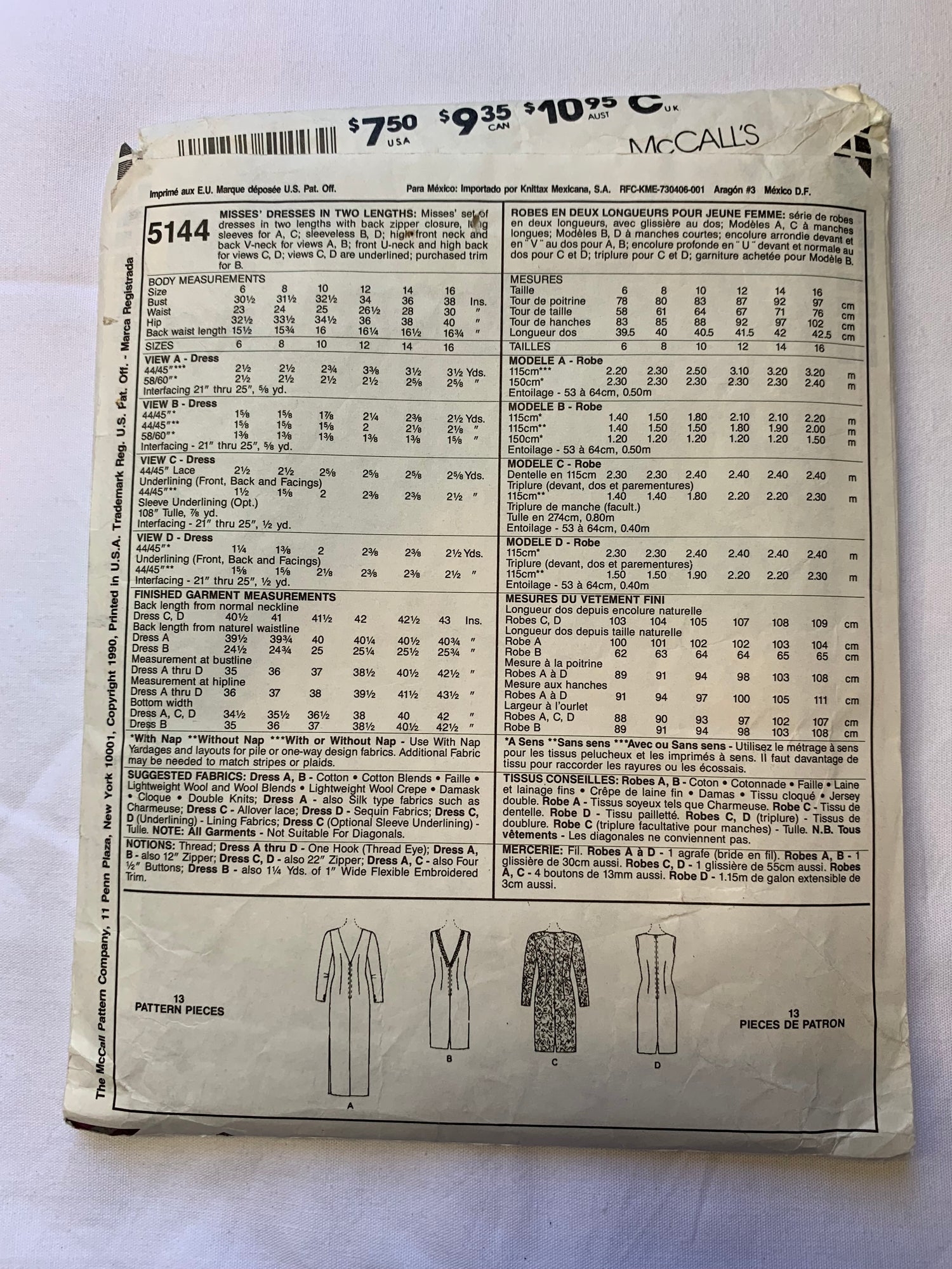McCall's Sewing Pattern 5144 Misses' Dress, Two Lengths, Sleeveless, Long Sleeves, Evening Gown, Zipper Back, Size 10, Cut, Vintage 1990