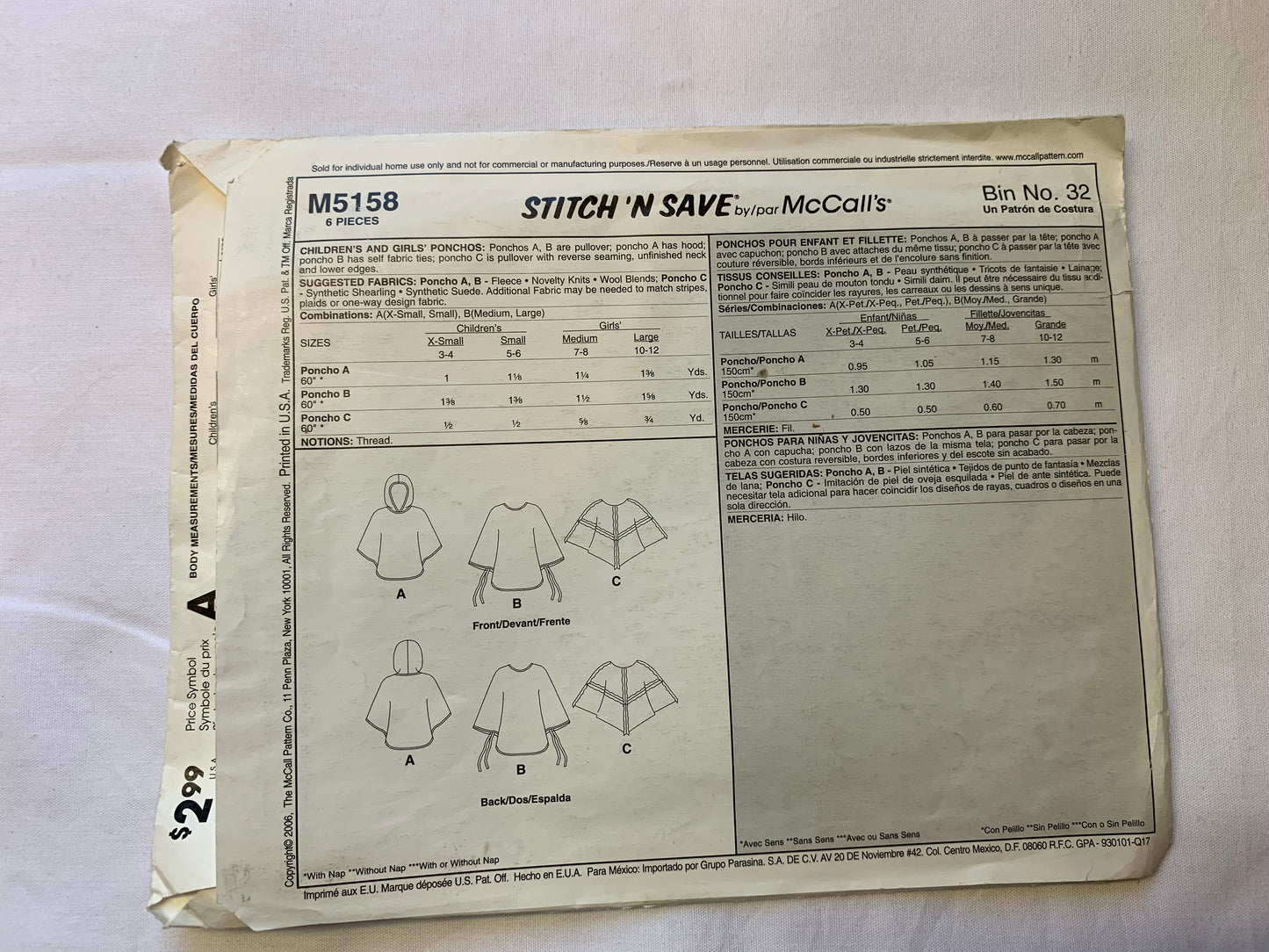 McCall's Sewing Pattern M5158 Children's/Girls' Ponchos, Pullover, Ties, 3 Variations, Hoods, Size 7-12, Cut, 2006