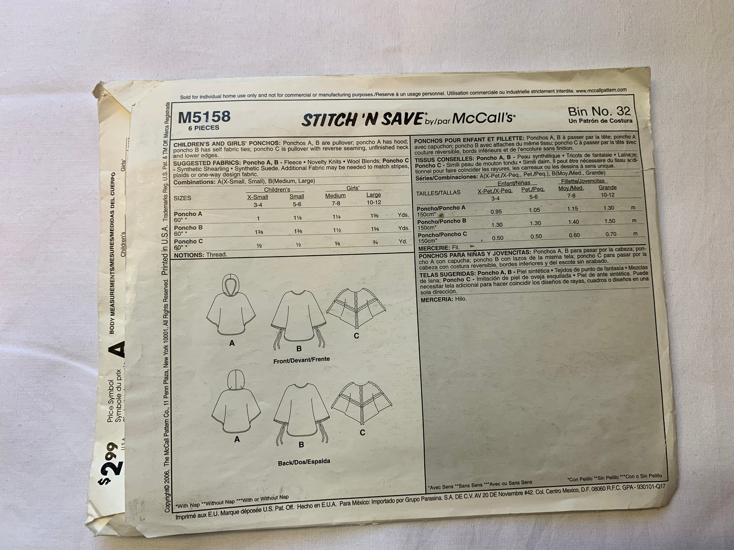 McCall's Sewing Pattern M5158 Children's/Girls' Ponchos, Pullover, Ties, 3 Variations, Hoods, Size 7-12, Cut, 2006