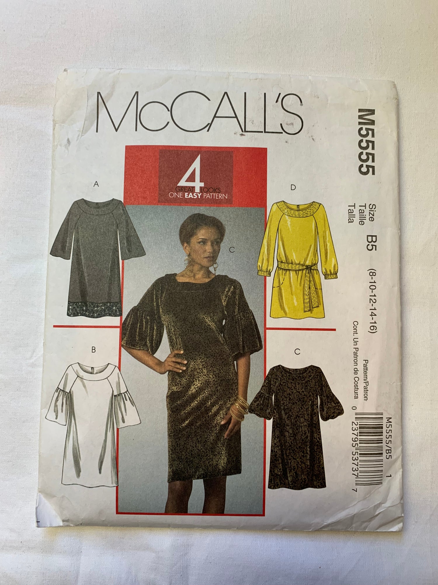 McCall's Sewing Pattern M5555 Misses'/Women's Dresses, Belt, Semi-Fitted, 4 Variations, Darts, Zipper Back, Short/Long Sleeves, Size 8-16, Cut, 2007