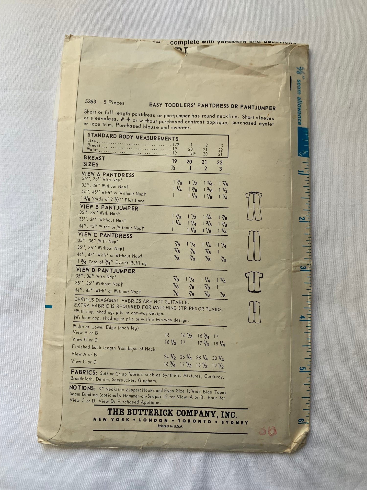 Butterick Sewing Pattern 5363 Toddlers'/Girls' Pant Dress, Pant Jumper, Two Lengths, Short Sleeves, Sleeveless, Zipper Back, Size 3, Cut, Vintage 1975