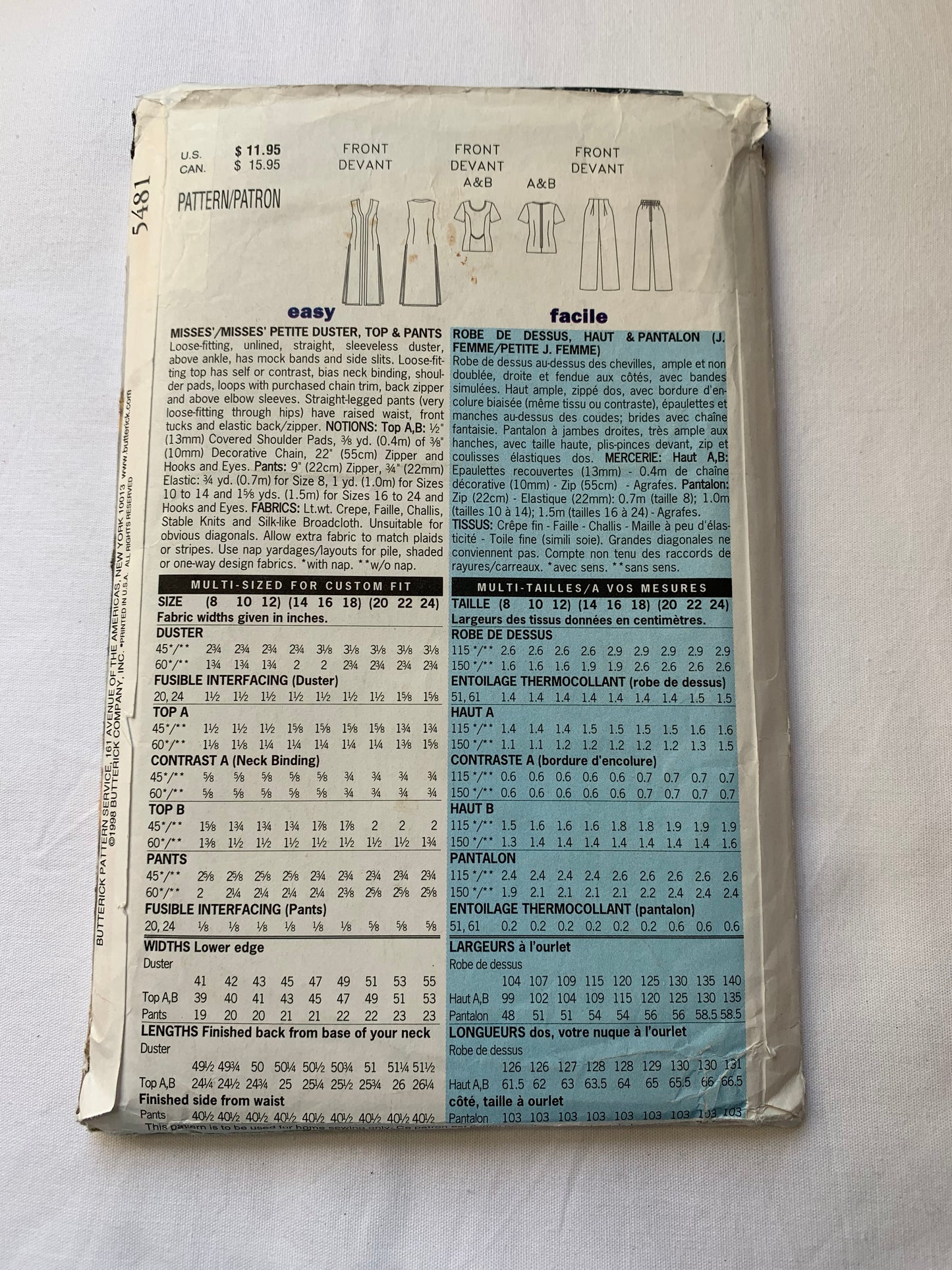 Butterick Sewing Pattern 5481 Misses'/Misses' Petite Duster, Top, Pants, Loose-Fitting, Unlined, Straight, Short Sleeves, Sleeveless, Slits, Zipper Back, Loose-Fitting, Size 14-18, Cut, Vintage 1998