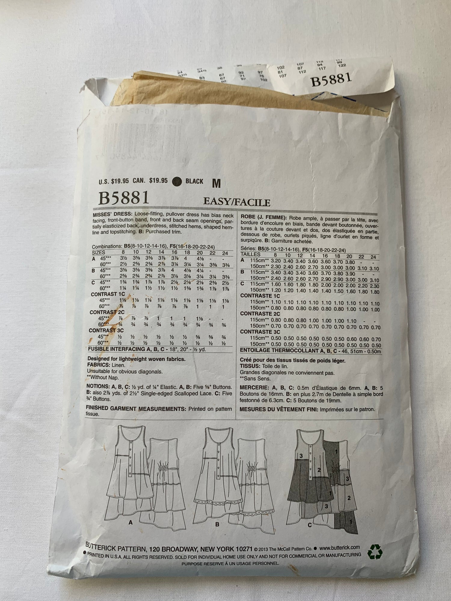 Butterick Sewing Pattern B5881 Misses' Dress, Loose-Fitting, Flared Skirt, Pullover, 3 Variations, Button Front, Size 8-12, Cut, 2013