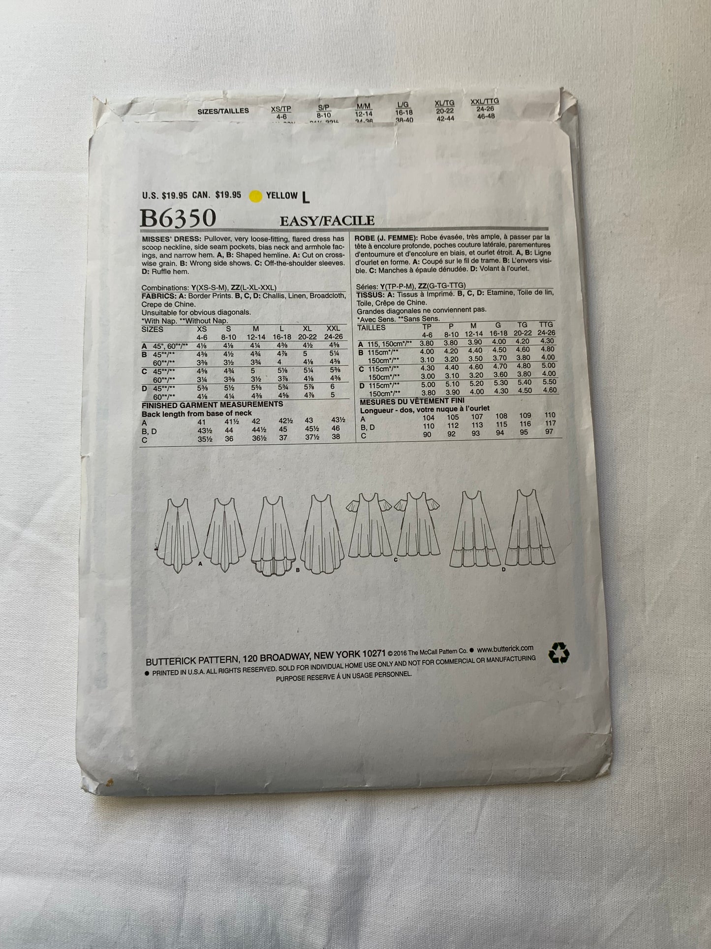 Butterick Sewing Pattern B6350 Misses' Dress, Loose-Fitting, Flared Skirt, Pullover, 4 Variations, Scoop Neckline, Pockets, Size 16-26, Cut, 2016