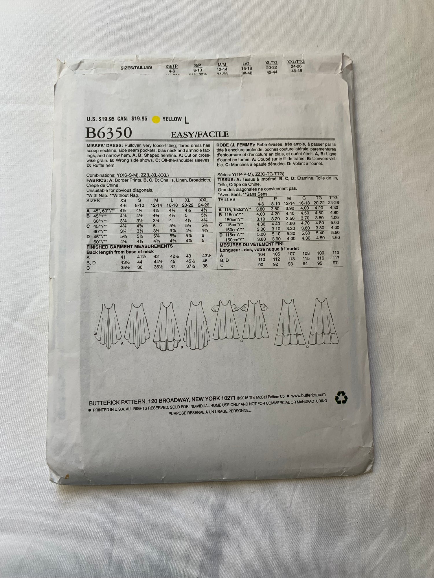 Butterick Sewing Pattern B6350 Misses' Dress, Loose-Fitting, Flared Skirt, Pullover, 4 Variations, Scoop Neckline, Pockets, Size 16-26, Cut, 2016