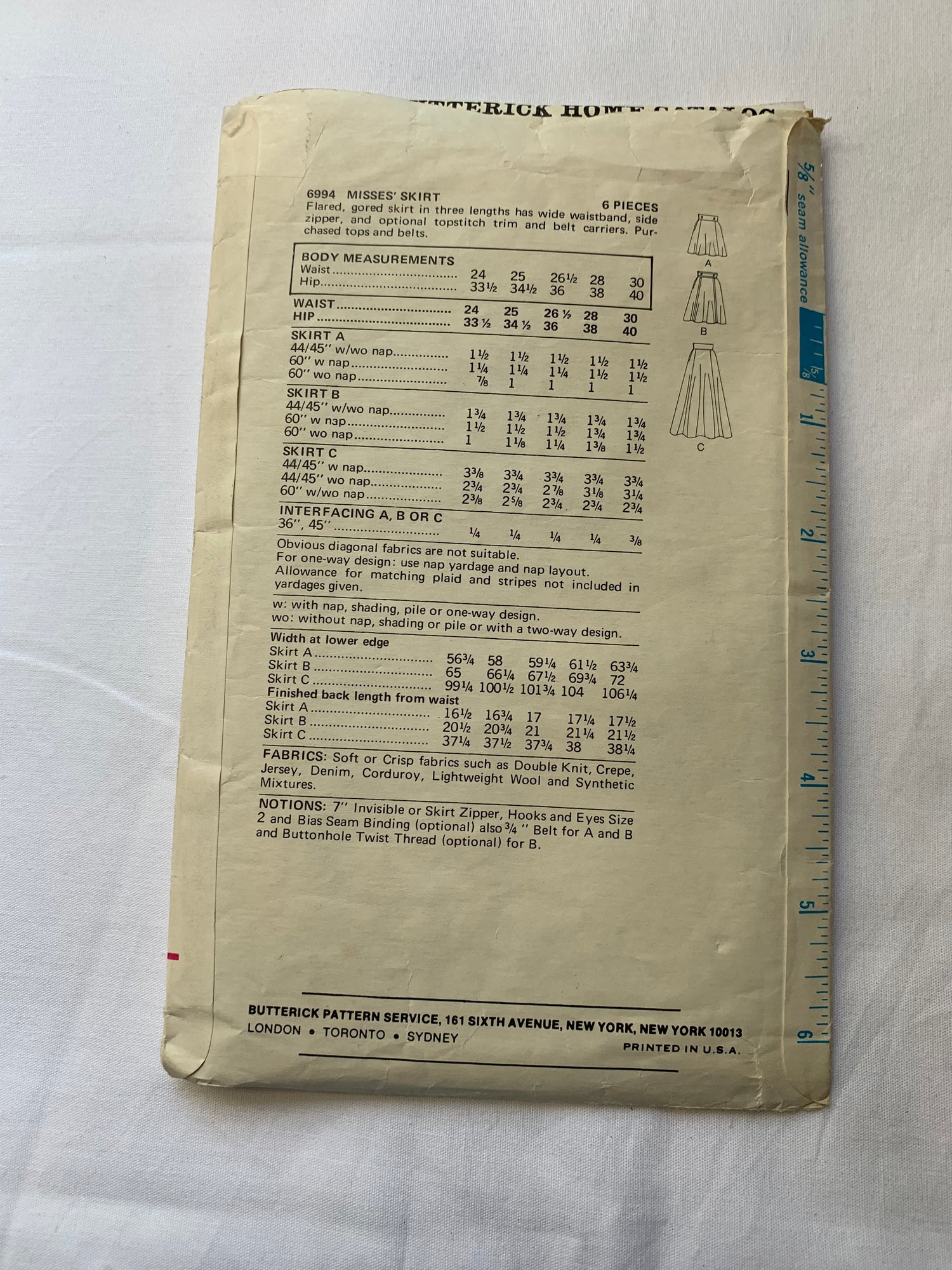 Butterick Sewing Pattern 6994 Misses' Skirt, Flared, Gored, 3 Lengths, Side Zipper, 25 Waist, Cut, Vintage 1994