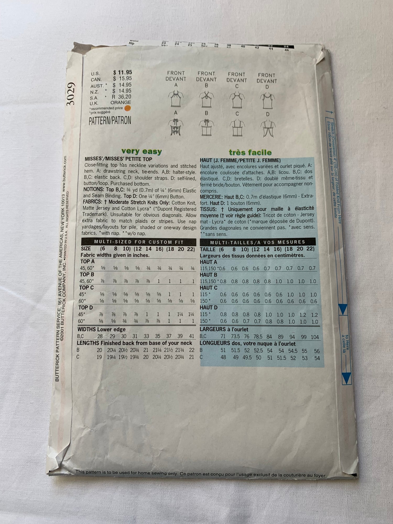 Butterick Sewing Pattern 3029 Misses'/Misses' Petite Top, Close-Fitting, Sleeveless, Shoulder Straps, Halter Top, Elastic Back, 4 Variations, Pullover, Size 12-16, Cut, 2001