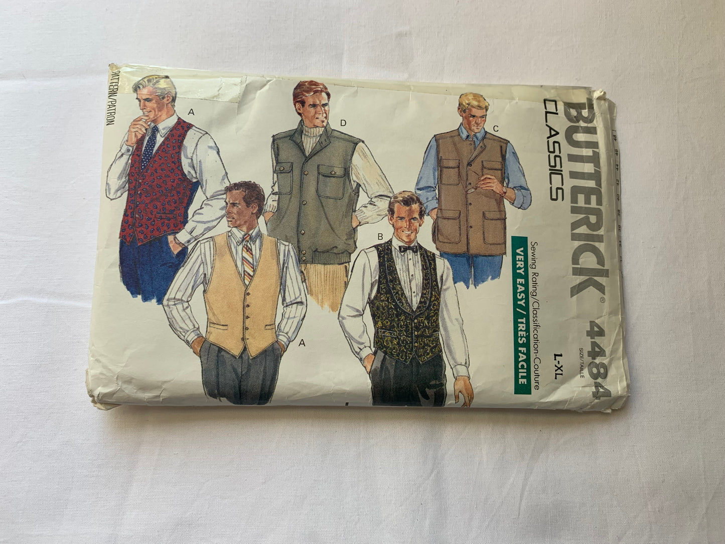Butterick Sewing Pattern 4484 Men's Vest, Loose-Fitting, Pockets, Back Belt, Shoulder Seams, Slits, Size 42-48, Cut, Vintage 1989