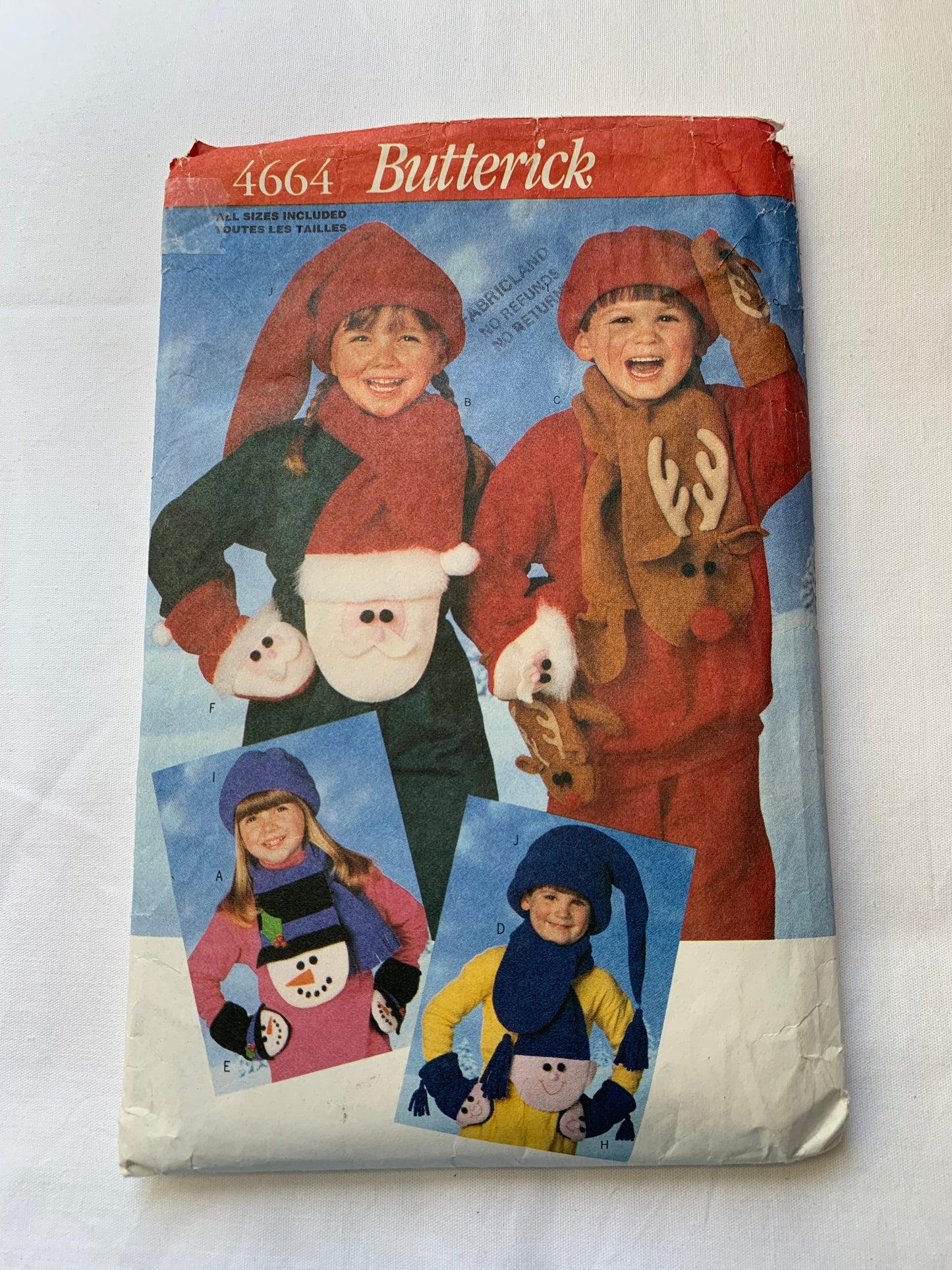 Butterick Sewing Pattern 4664 Kid'/Boys'/Girls' Christmas Accessories. Santa, Reindeer, Snowman, Elf, Scarf, Fringe, Mittens, Hat 3 Sizes, Cut, Vintage 1996
