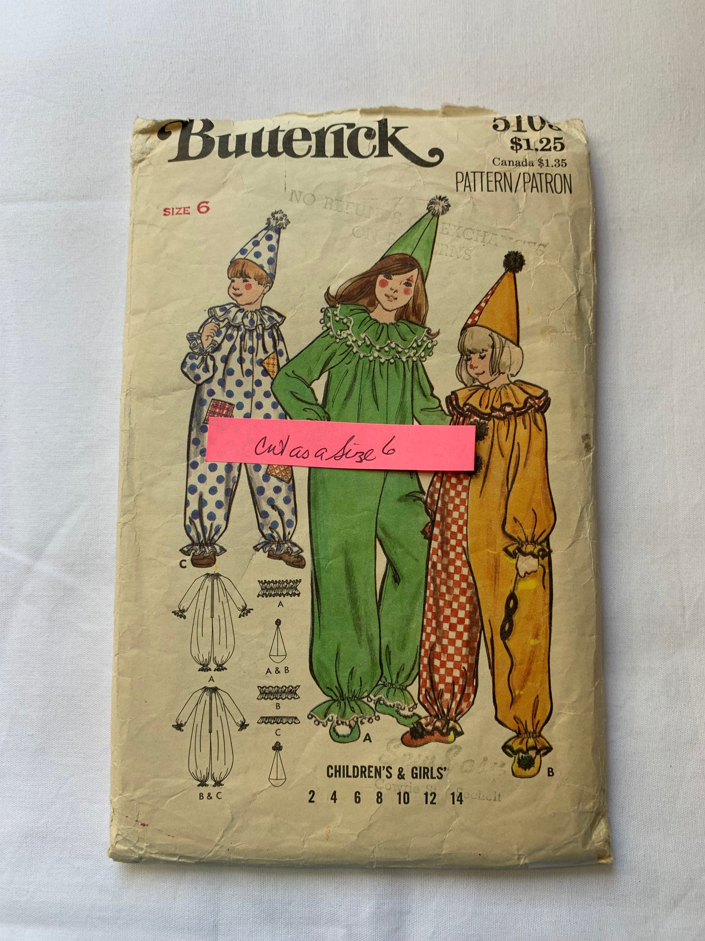 Butterick Sewing Pattern 5105 Boys'/Girls'/Children's Clown Costumes, Loose-Fitting, Pullover, Long Sleeves, Elastic Legs, Ties, Size Small, Cut, Vintage 1986