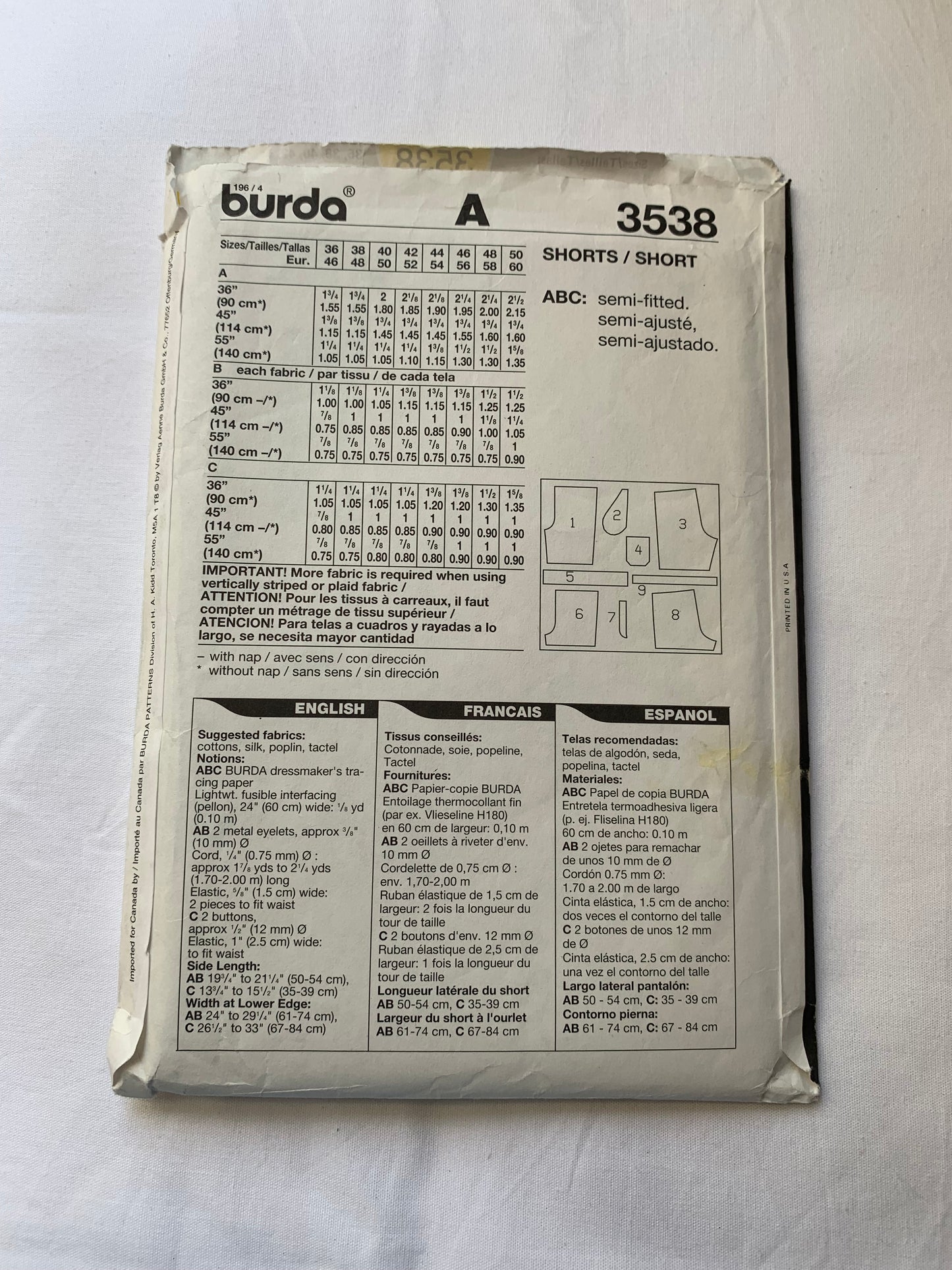 Burda Sewing Pattern 3538 Mens' Shorts, Semi-Fitted, 3 Variations, 3 Lengths, Pockets, Elastic Waist, Button Front, Drawstring, Size 36-50, Cut, 2006