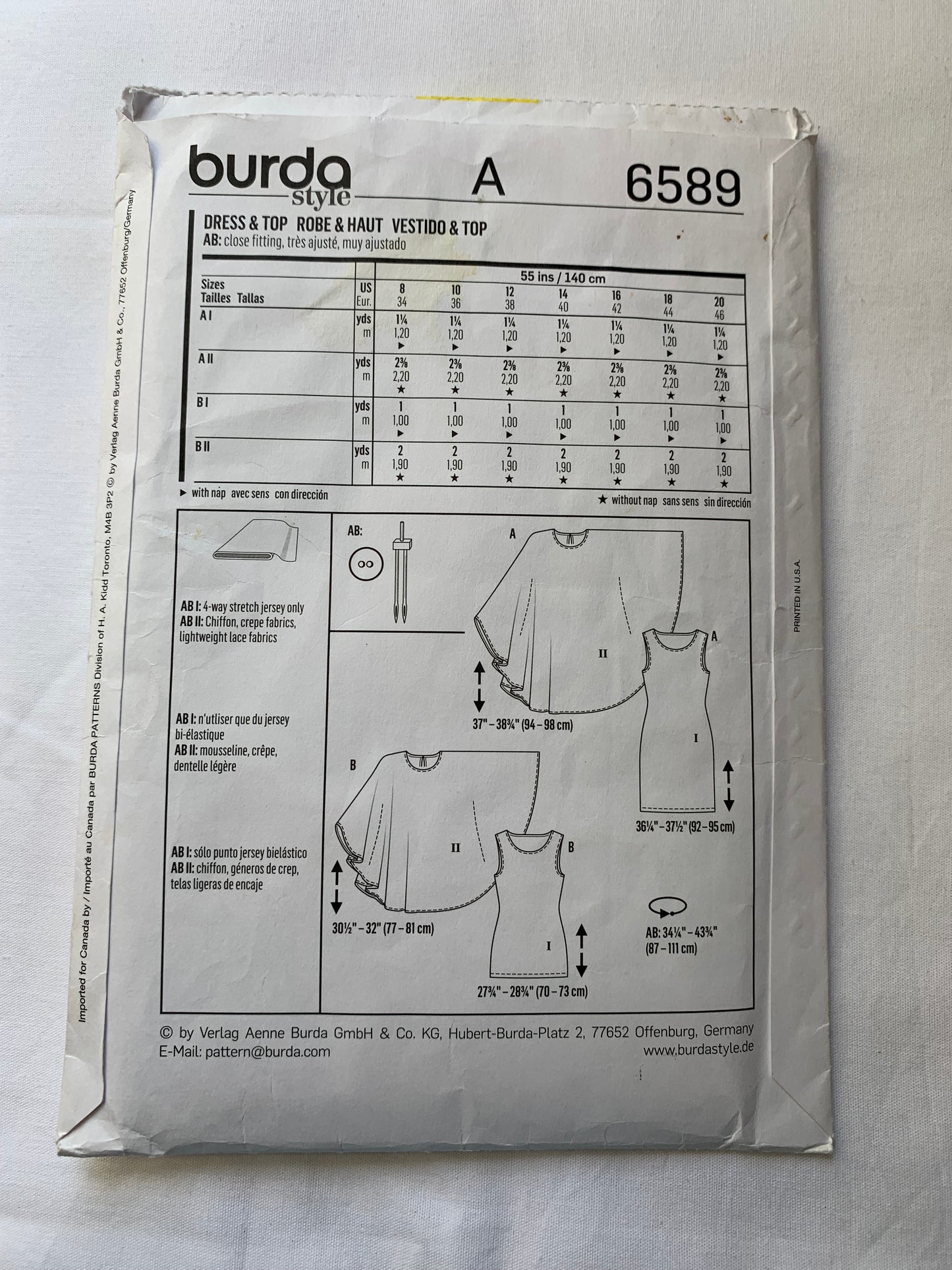 Burda Sewing Pattern 6589 Misses' Dress, Top, Sleeveless, Close-Fitting, Cape, Size 8-20, Uncut, 2000