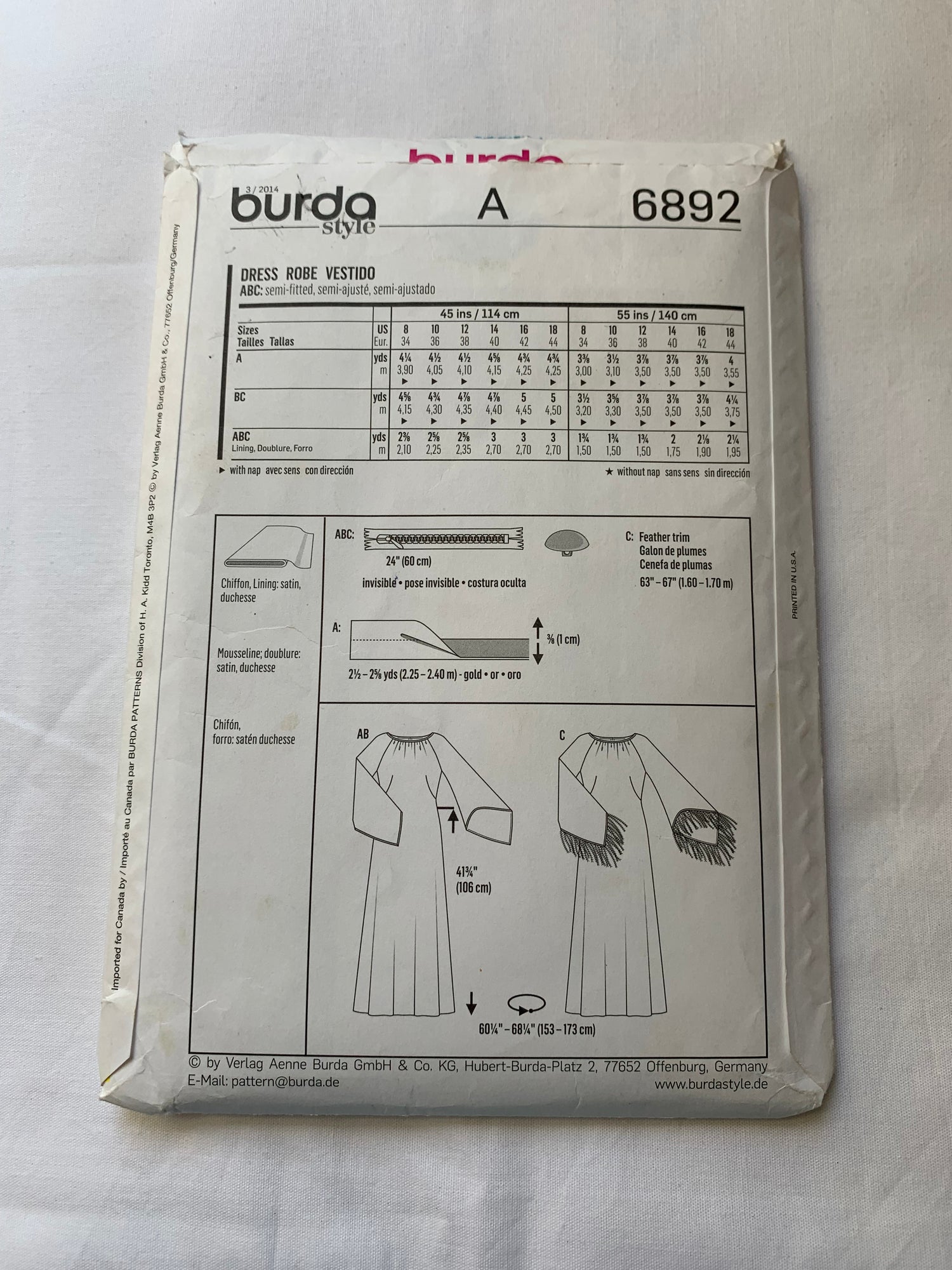 Burda Sewing Pattern 6892 Misses' Dress, Long Sleeves, Semi-Fitted, Zipper Back, Floor Length, 3 Variations, Round Neckline, Size 8-18, Cut, 2000