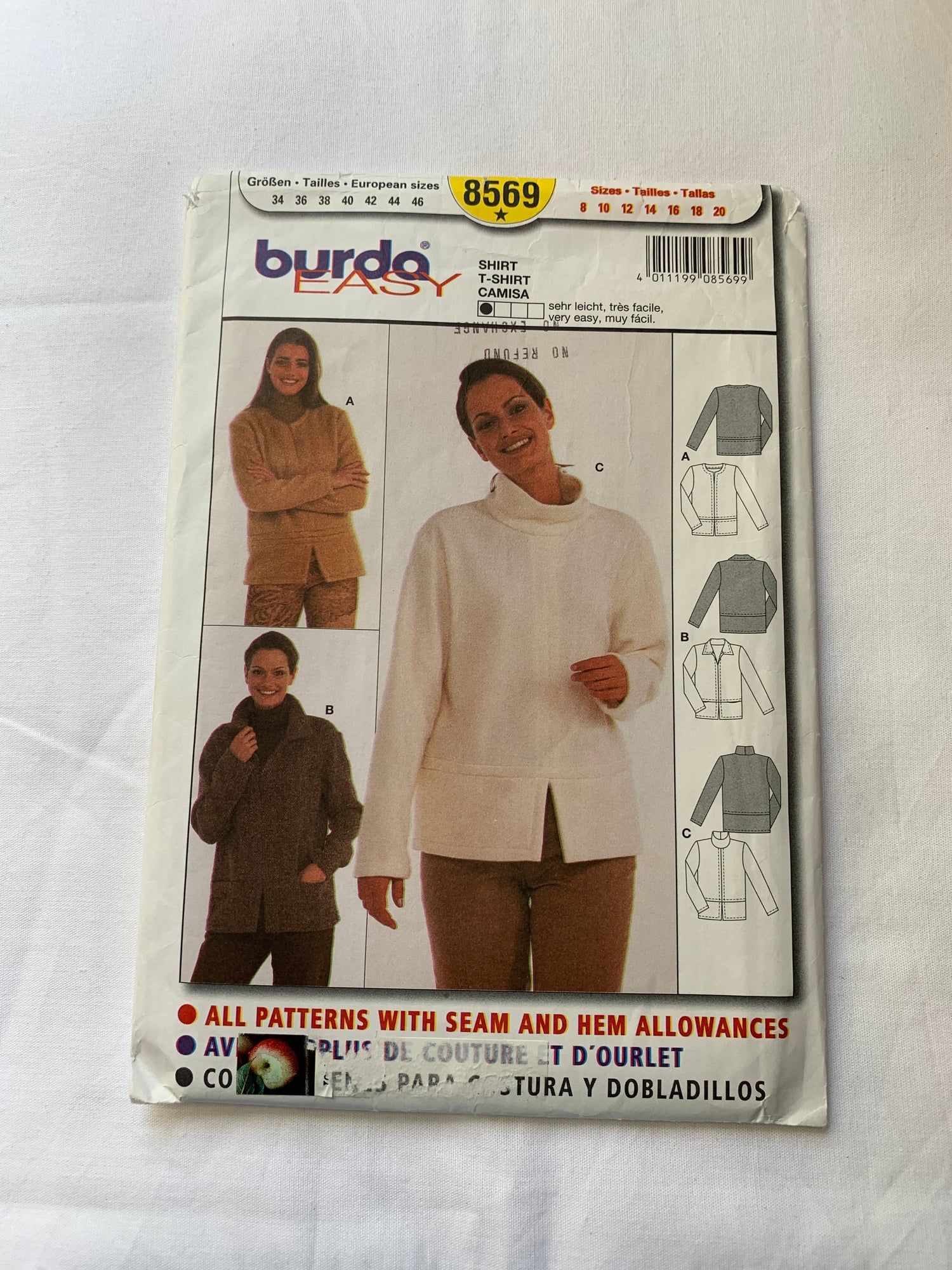 Burda Sewing Pattern 8569 Misses' Shirt, Loose-Fitting, Long Sleeves, Zipper Front, 3 Variations, Collar, Size 8-12, Cut, 2000
