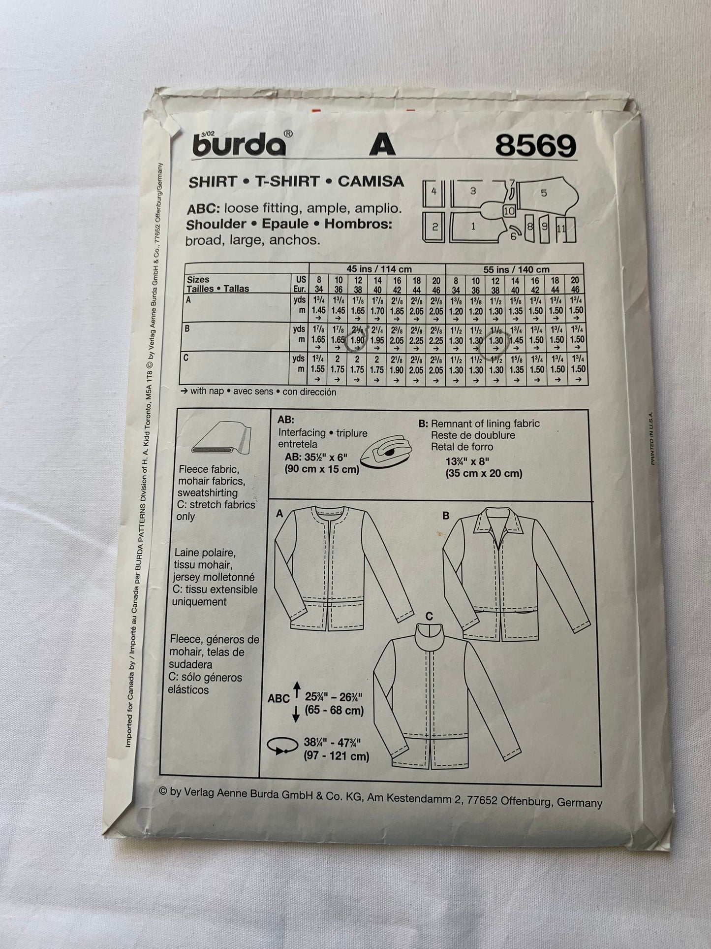 Burda Sewing Pattern 8569 Misses' Shirt, Loose-Fitting, Long Sleeves, Zipper Front, 3 Variations, Collar, Size 8-12, Cut, 2000