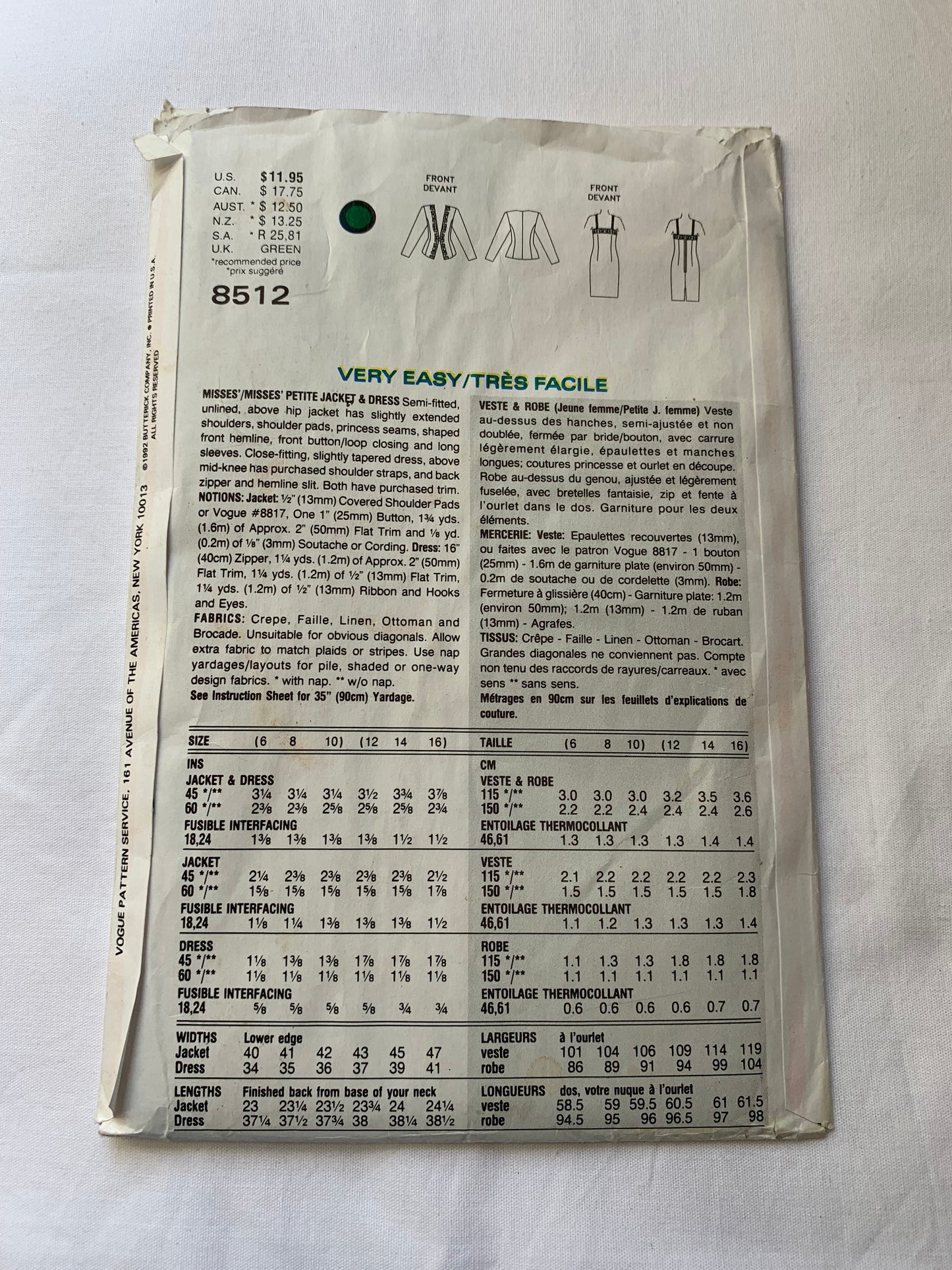Vogue Sewing Pattern 8512 Misses'/Misses' Petite Jacket, Dress, Sleeveless, Long Sleeves, Shoulder Straps, Close-Fitting, Size 12-16, Cut, Vintage 1993