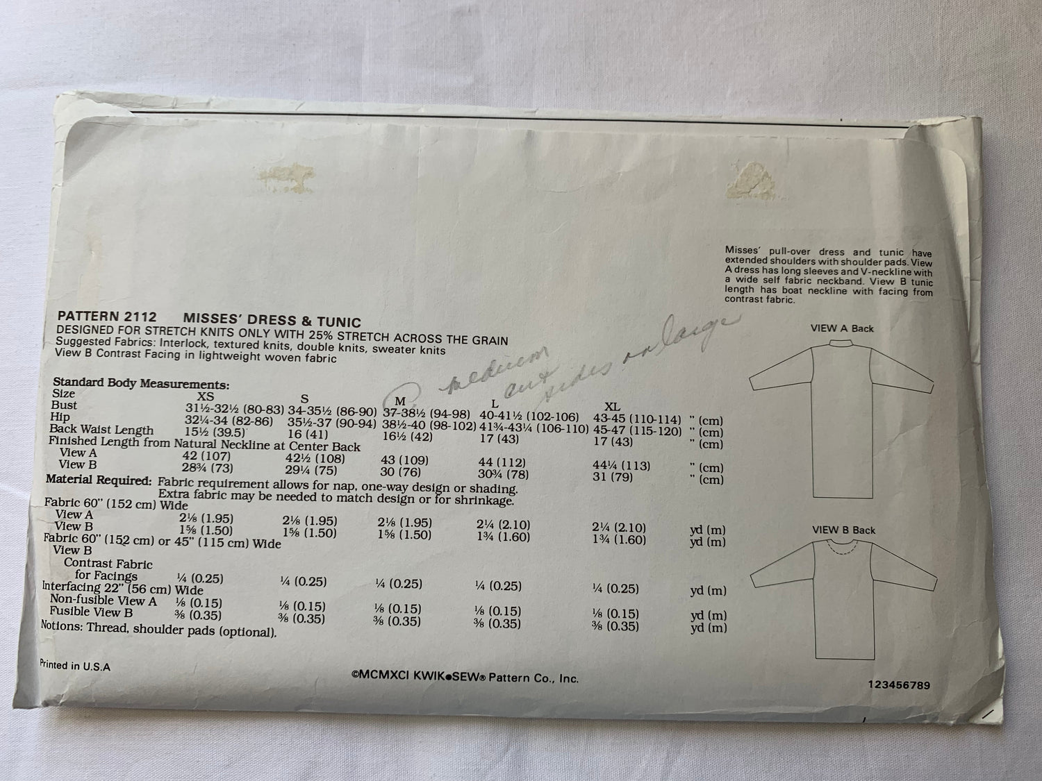 KWIK Sewing Pattern 2112 Misses' Dress, Tunic, Stretch Knit Only, Pull-Over, Shoulder Pads, Long Sleeves, V-Neckline, Size XS-L, Cut, Vintage 1991