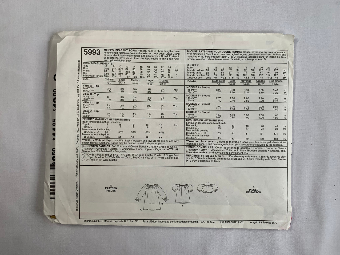 McCall's Sewing Pattern 5993 Misses' Tops, Three Lengths, Long/Short Sleeves, Elastic Neckline, Blouses, Ruffles, Size 10-12, Uncut, Vintage 1992