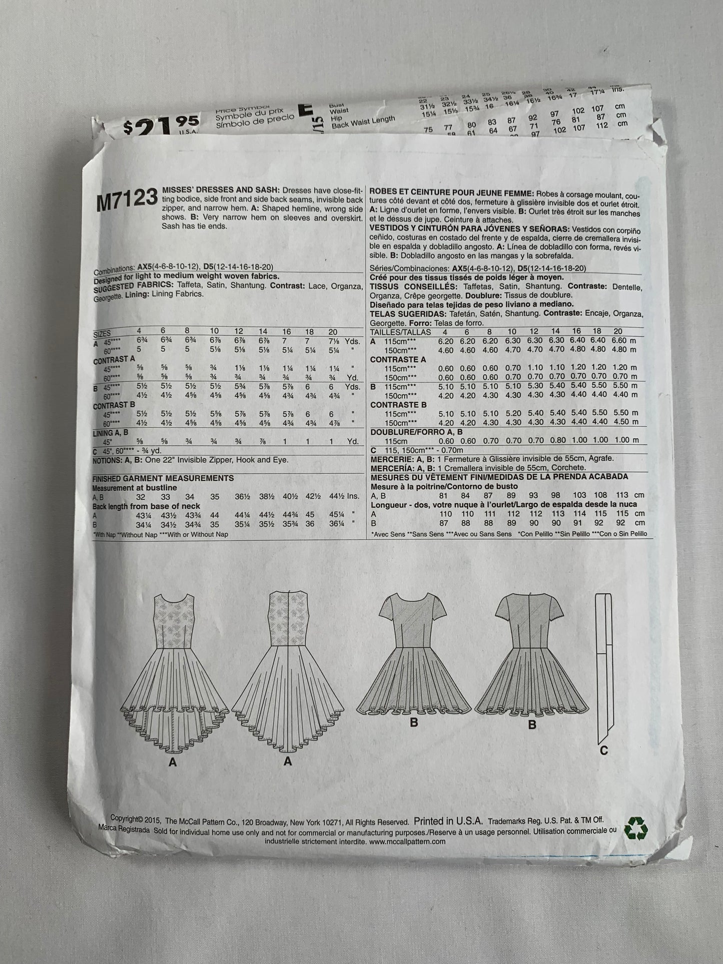 McCall's Sewing Pattern M7123 Misses' Dresses, Sash, Close Fitting, Zipper Back, Overskirt, 2 Variations, Two Lengths, Size 4-12, Uncut, 2015