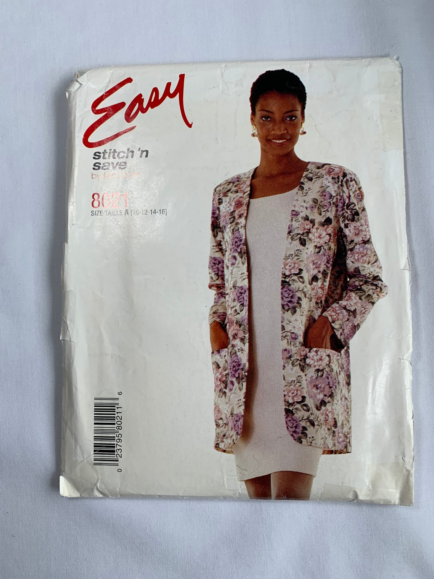 McCall's Stitch 'N Save Sewing Pattern 8021 Misses' Jacket, Dress, Semi-Fitted, Pockets, Zipper Back, Boxy, Size 10-16, Uncut, Vintage 1995