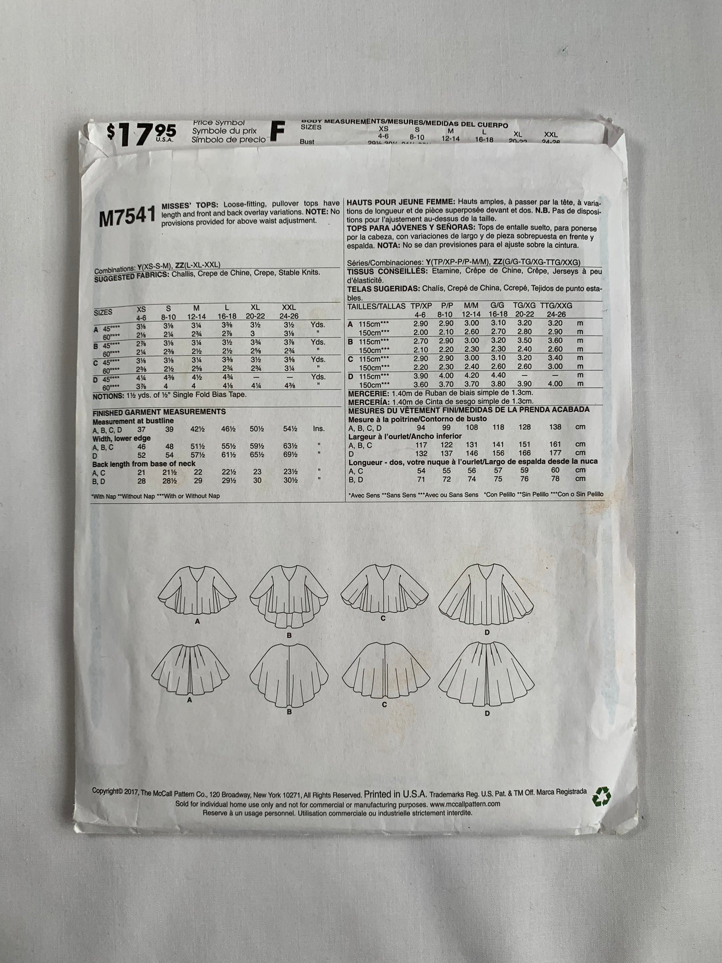 McCall's Sewing Pattern M7541 Misses' Tops, Pullover, Loose-Fitting, Overlay, 4 Variations, Size 4-14, Uncut, 2017