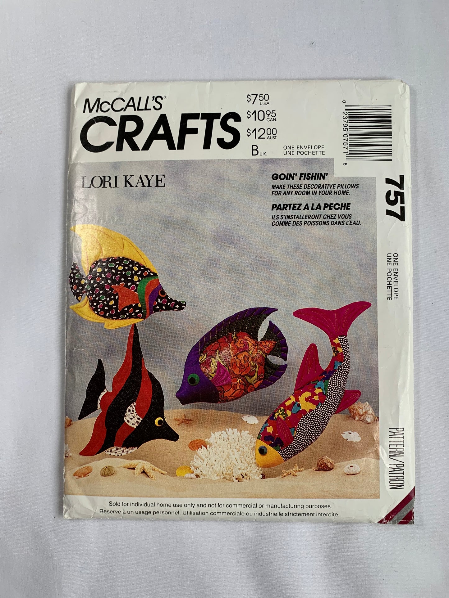 McCall's Lori Kaye Sewing Pattern 757 Craft Tropical Fish Pillows, Decorative Cushions, 4 Sizes, 4 Different Fish, Uncut, Vintage 1992