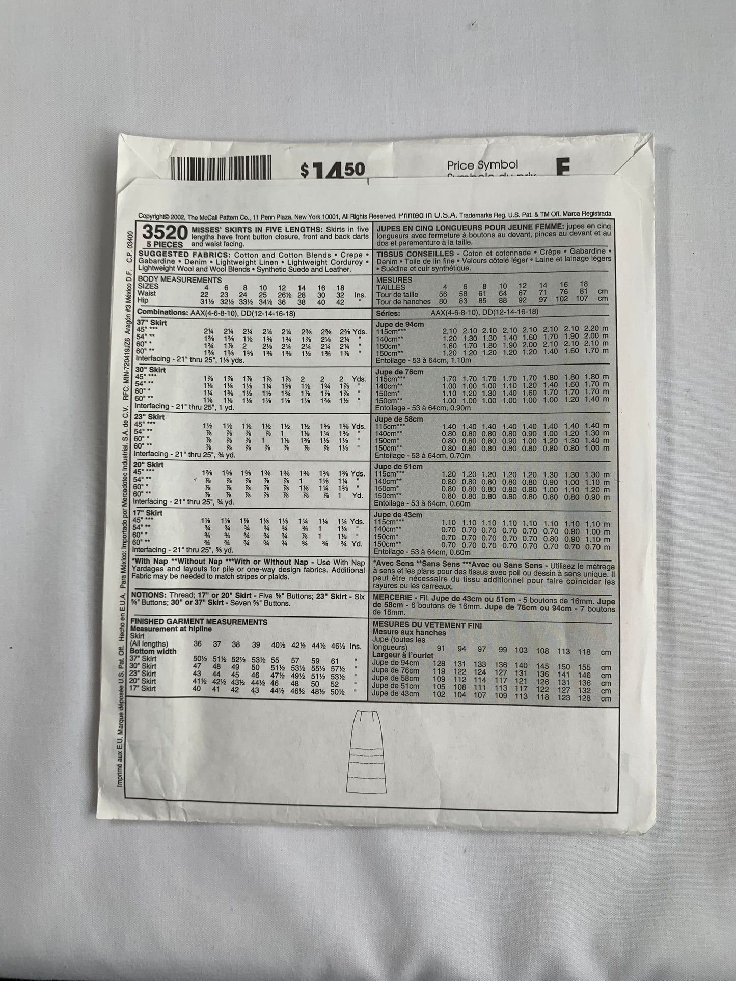 McCall's Sewing Pattern 3520 Misses' Skirt, Five Lengths, Front button, Darts, Uncut, 2002