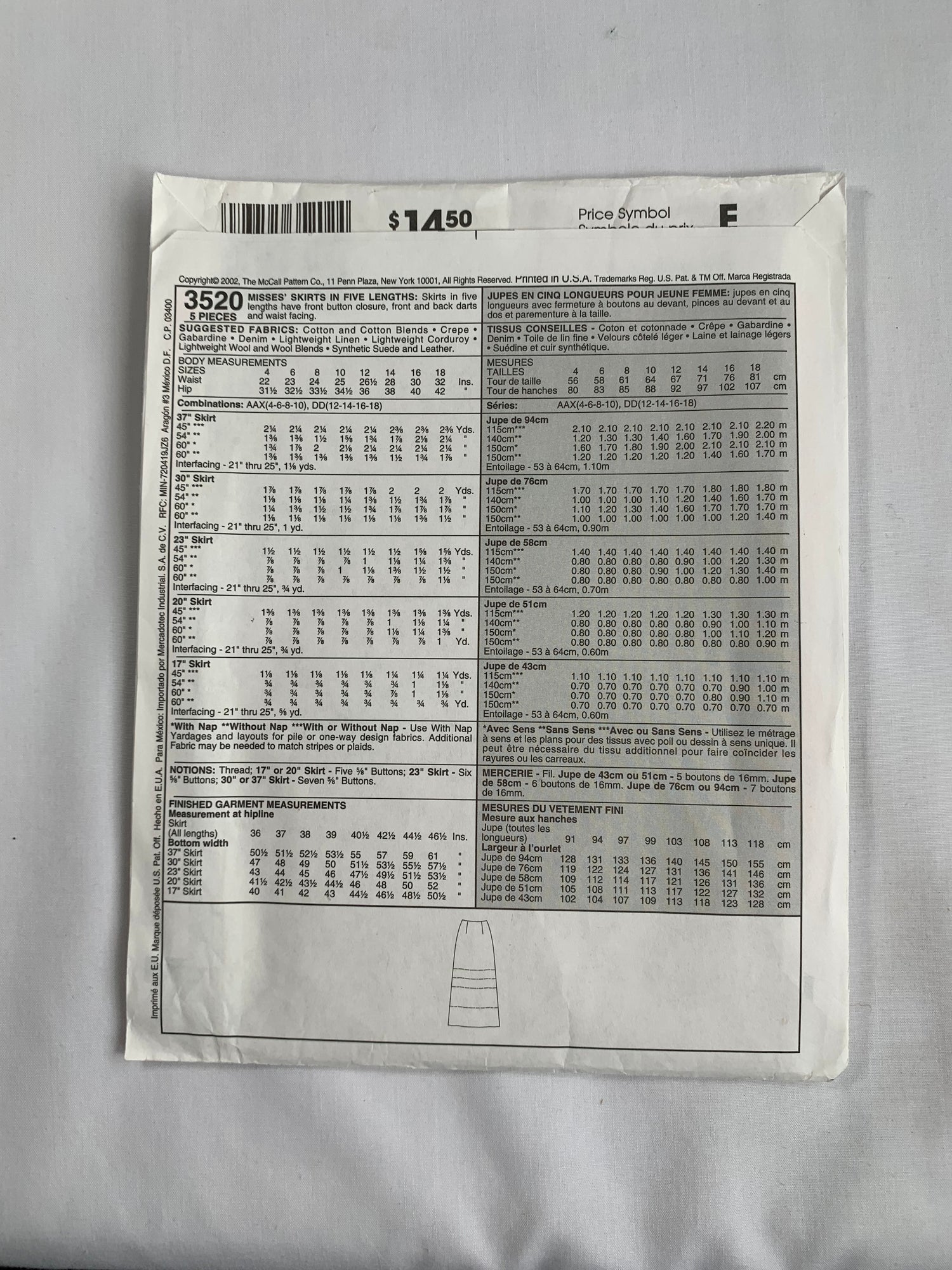 McCall's Sewing Pattern 3520 Misses' Skirt, Five Lengths, Front button, Darts, Uncut, 2002