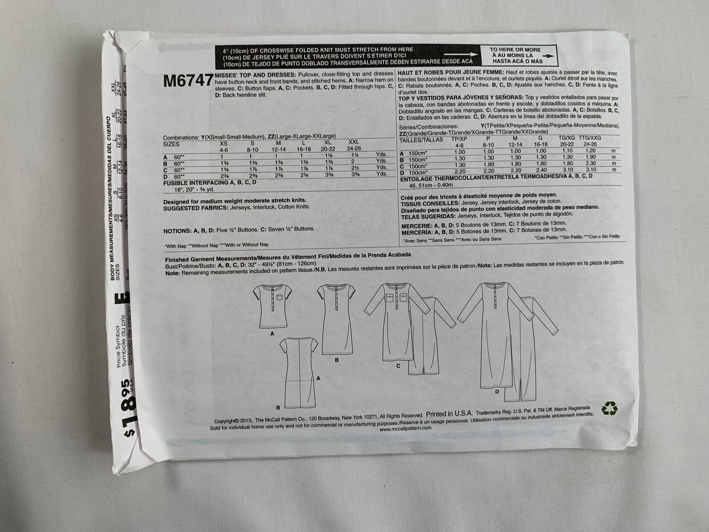 McCall's Sewing Pattern M6747 Misses' Tops, Dresses, Pullover, Close-Fitting, Button Front, Pockets, Two Lengths, Size 12-26, Uncut, 2013