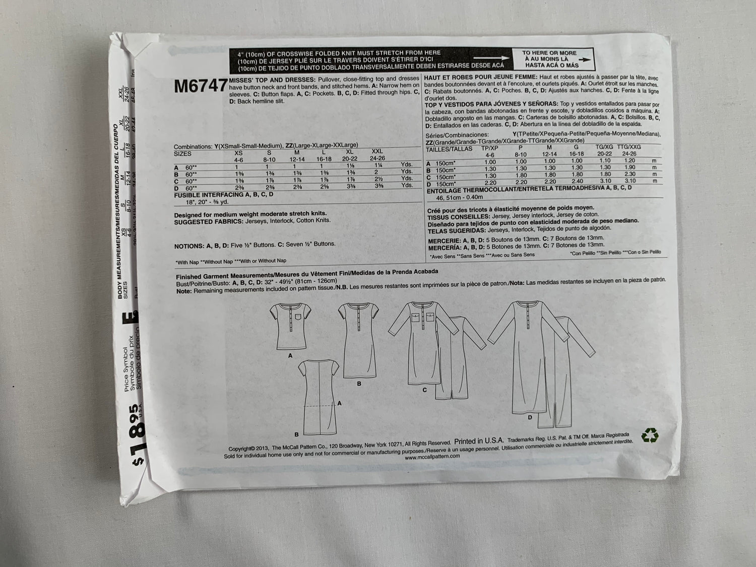 McCall's Sewing Pattern M6747 Misses' Tops, Dresses, Pullover, Close-Fitting, Button Front, Pockets, Two Lengths, Size 12-26, Uncut, 2013
