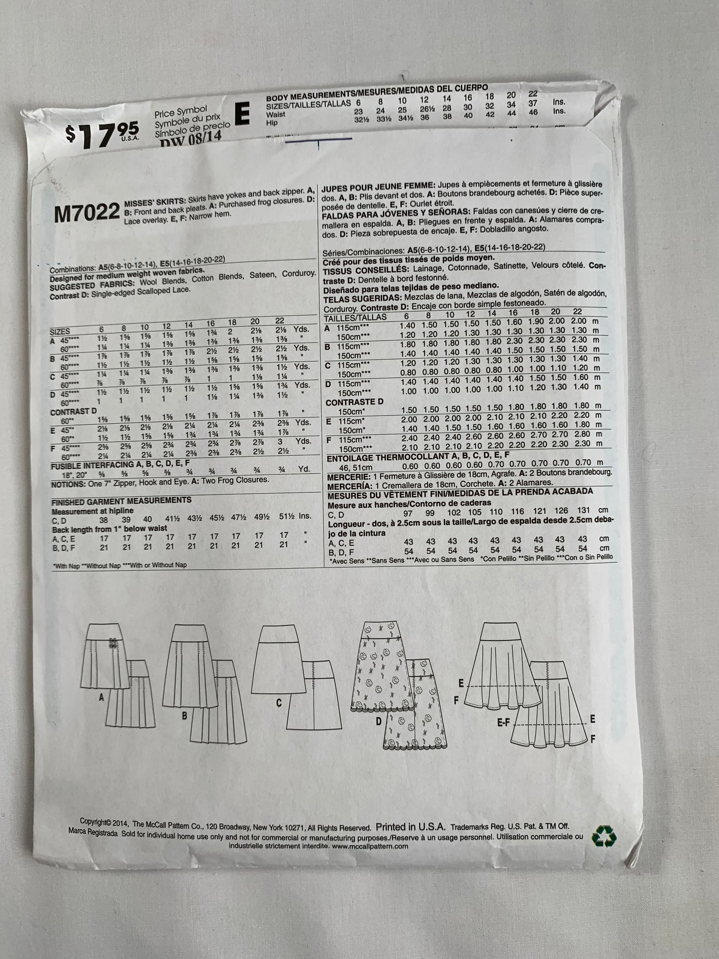 McCall's Sewing Pattern M7022 Misses' Skirts, Two Lengths, 6 Variations, Zipper Back, Pleats, Overlay, Uncut, 2014