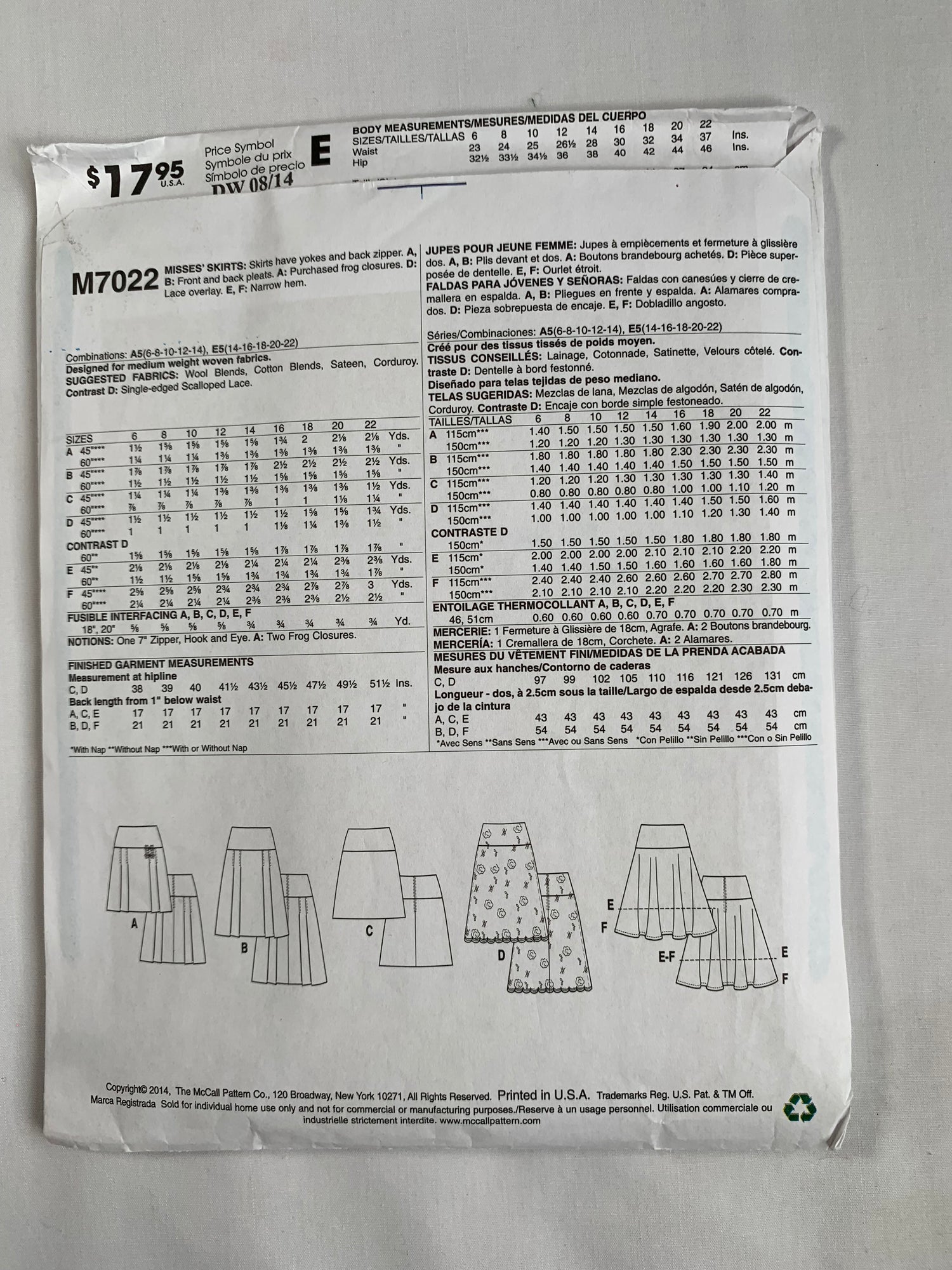 McCall's Sewing Pattern M7022 Misses' Skirts, Two Lengths, 6 Variations, Zipper Back, Pleats, Overlay, Uncut, 2014