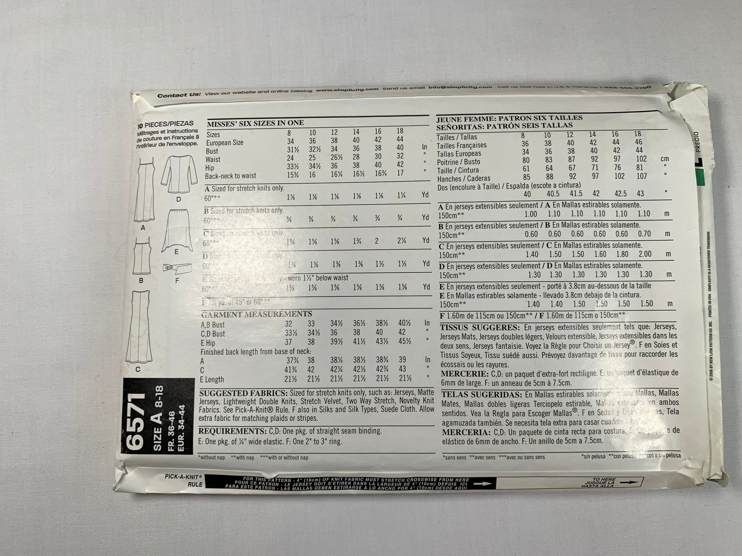 Simplicity New Look Sewing Pattern 6571 Misses' Dress, Skirt, Top, Belt, Long Sleeves, Sleeveless, Pullover, Size 8-18, Uncut, 2006
