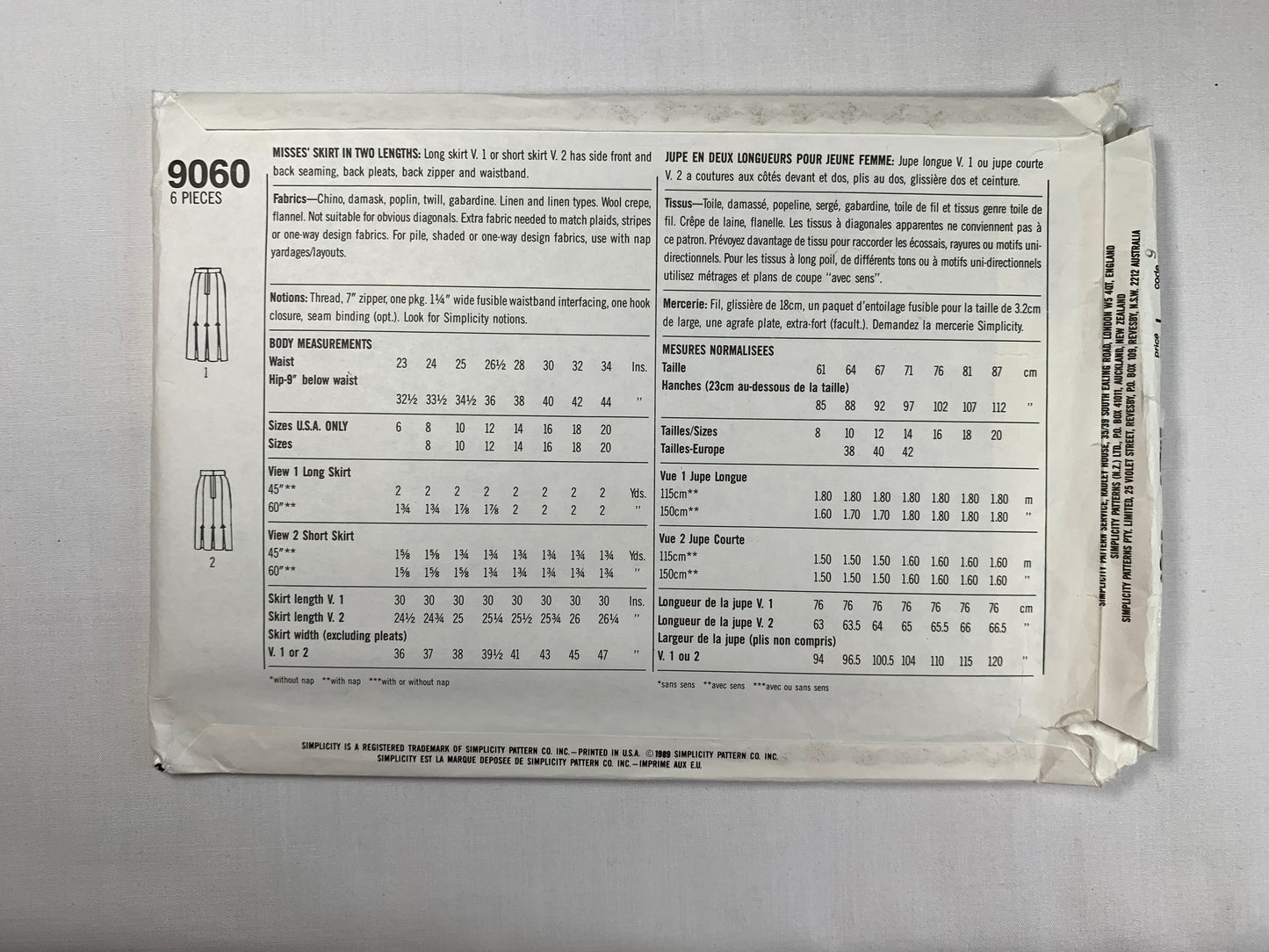 Simplicity Sewing Pattern 9060 Misses' Skirt, Zipper Back, Straight, Pleats, Two Lengths, Size 14, Uncut, Vintage 1989