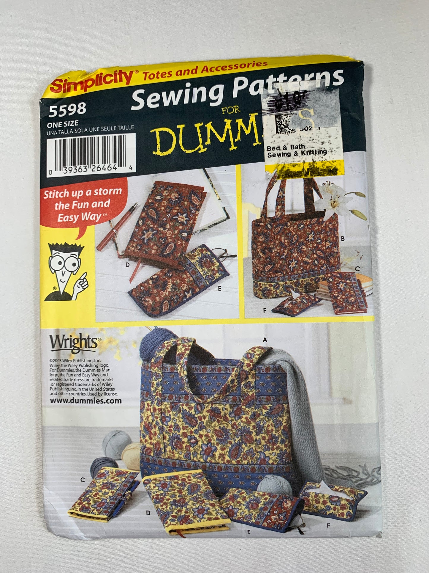 Simplicity Sewing Pattern For Dummies 5598 Crafts, Totes, Accessories, Glass Case, Check Book, Book Cover, Tissue Cover, Uncut, 2003
