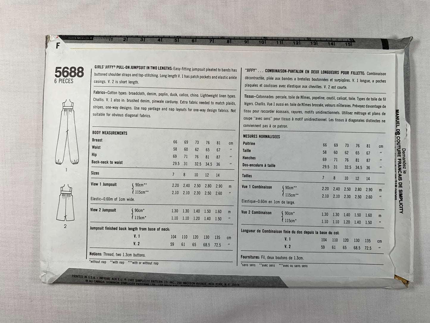 Simplicity Jiffy Sewing Pattern 5688 Girls' Jumpsuit, Pull-On, Two Lengths, 2 Variations, Easy-Fitting, Pockets, Size 7, Uncut, Vintage 1982