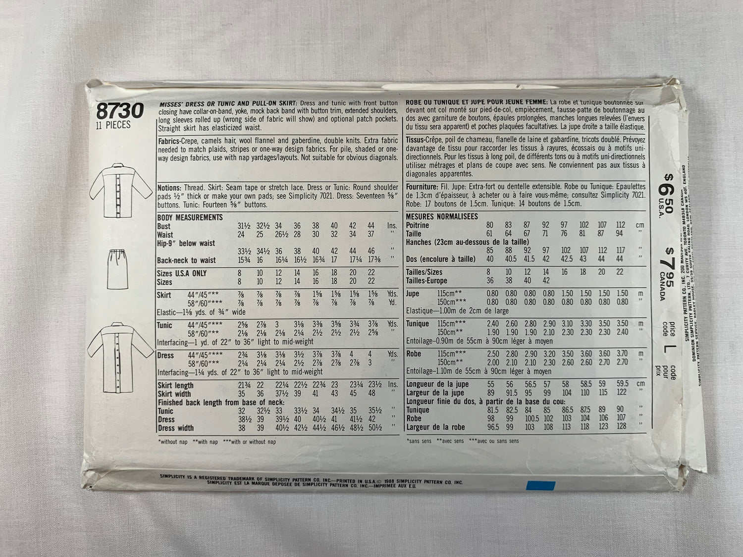 Simplicity Sewing Pattern 8730 Misses' Dress, Tunic, Skirt, Button Front, Collar, Pockets, Elastic Waist, Long Sleeves, Size 16-20, Uncut, Vintage 1988