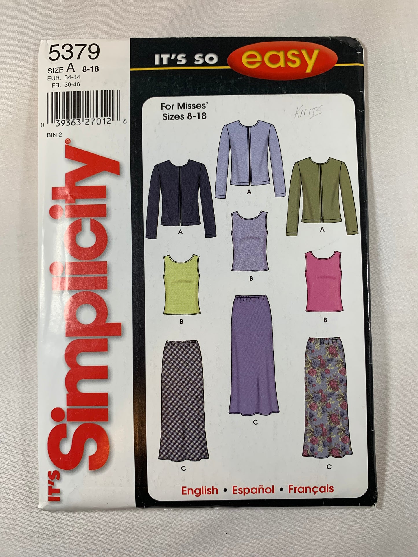 Simplicity Sewing Pattern 5379 Misses' Cardigan, Top, Skirt, Stretch Knits Only, Sleeveless, Long Sleeves, Size 8-18, Uncut, 2003