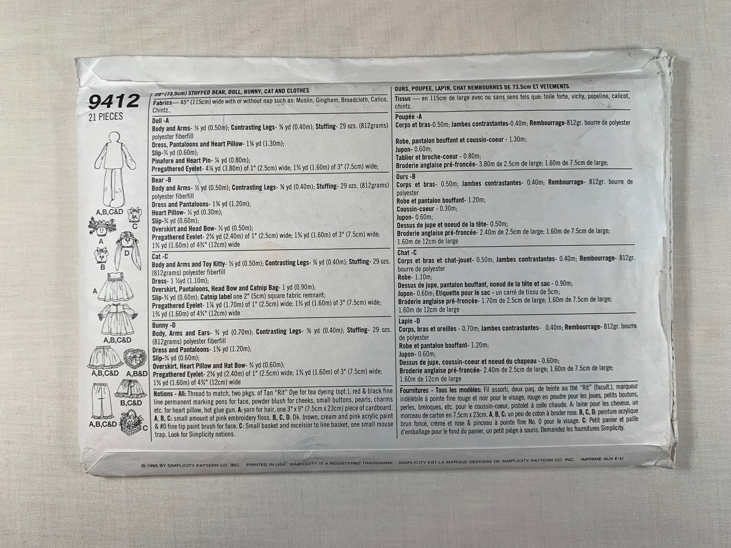 Simplicity Craft Sewing Pattern 9412 29" Stuffed Bear, Doll, Bunny, Cat, Clothes, Uncut, Vintage 1995