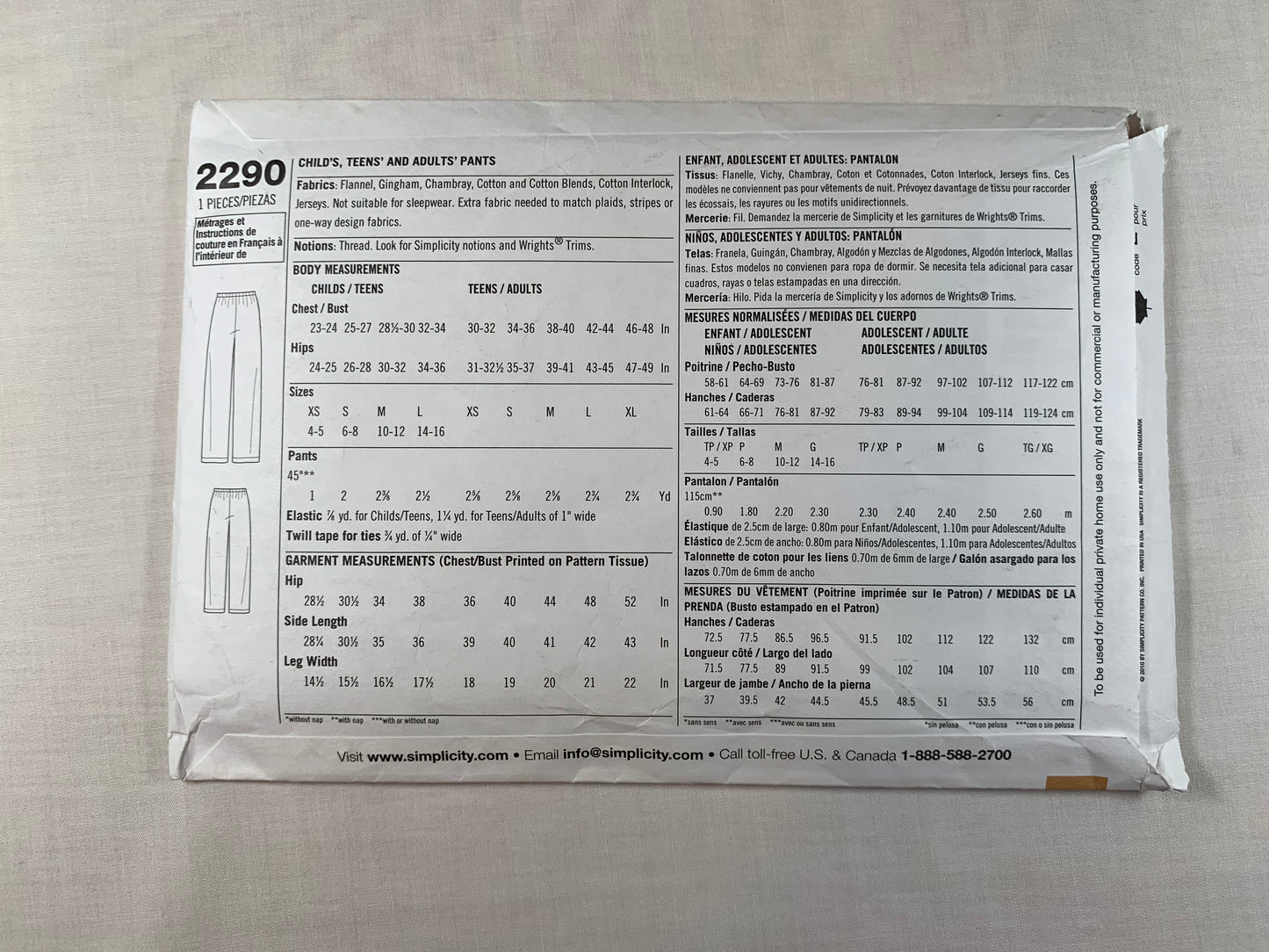 Simplicity Sewing Pattern 2290 Misses'/Men's/Teens/Child's Pants, Kids Size XS-L, Adult Size XS-XL, Uncut, 2010
