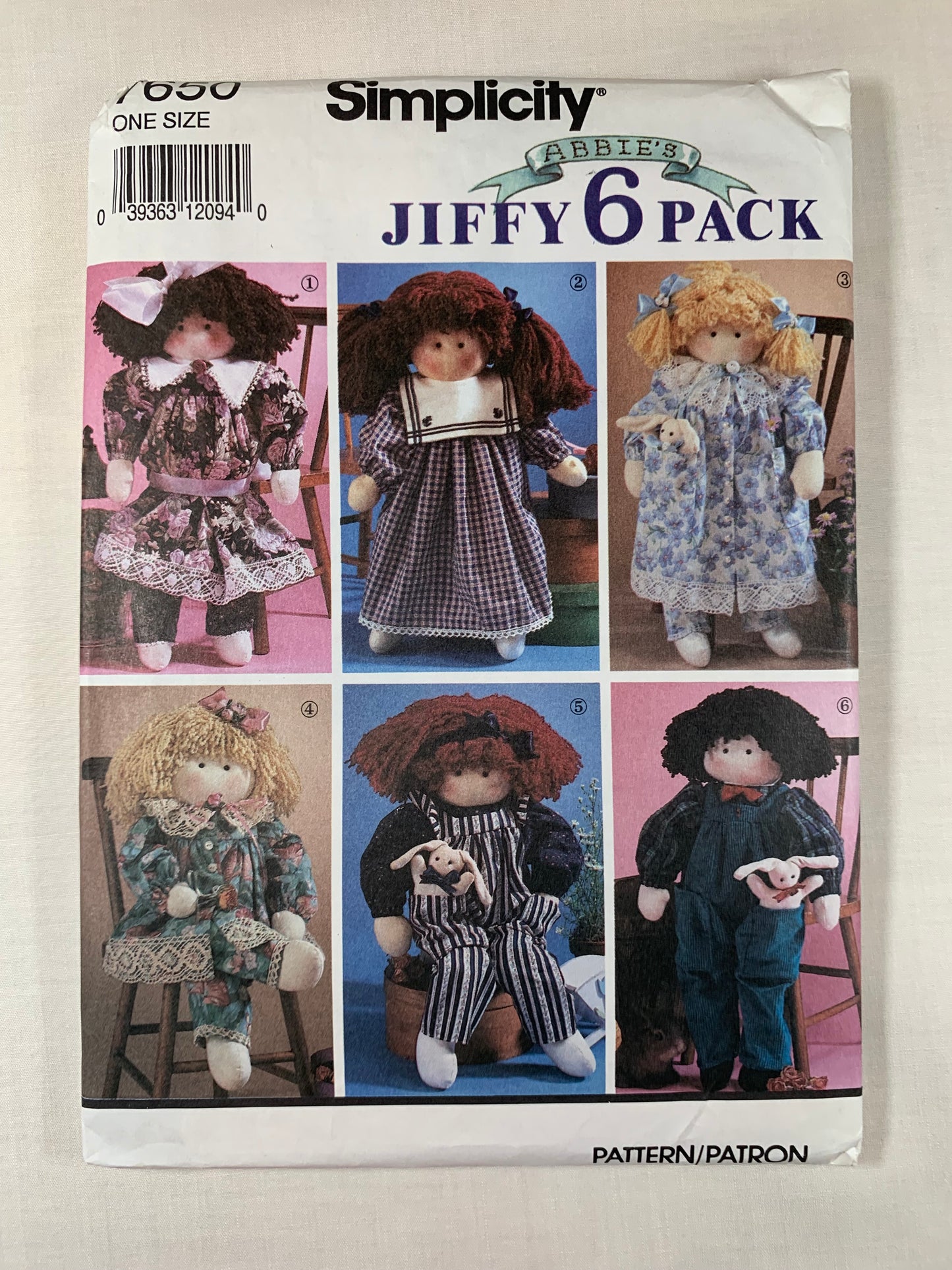 Simplicity Craft Sewing Pattern 7650 22" Stuffed Doll, Clothes, Dress, Pantaloons, Collar, Overalls, Pants, Uncut, Vintage 1991