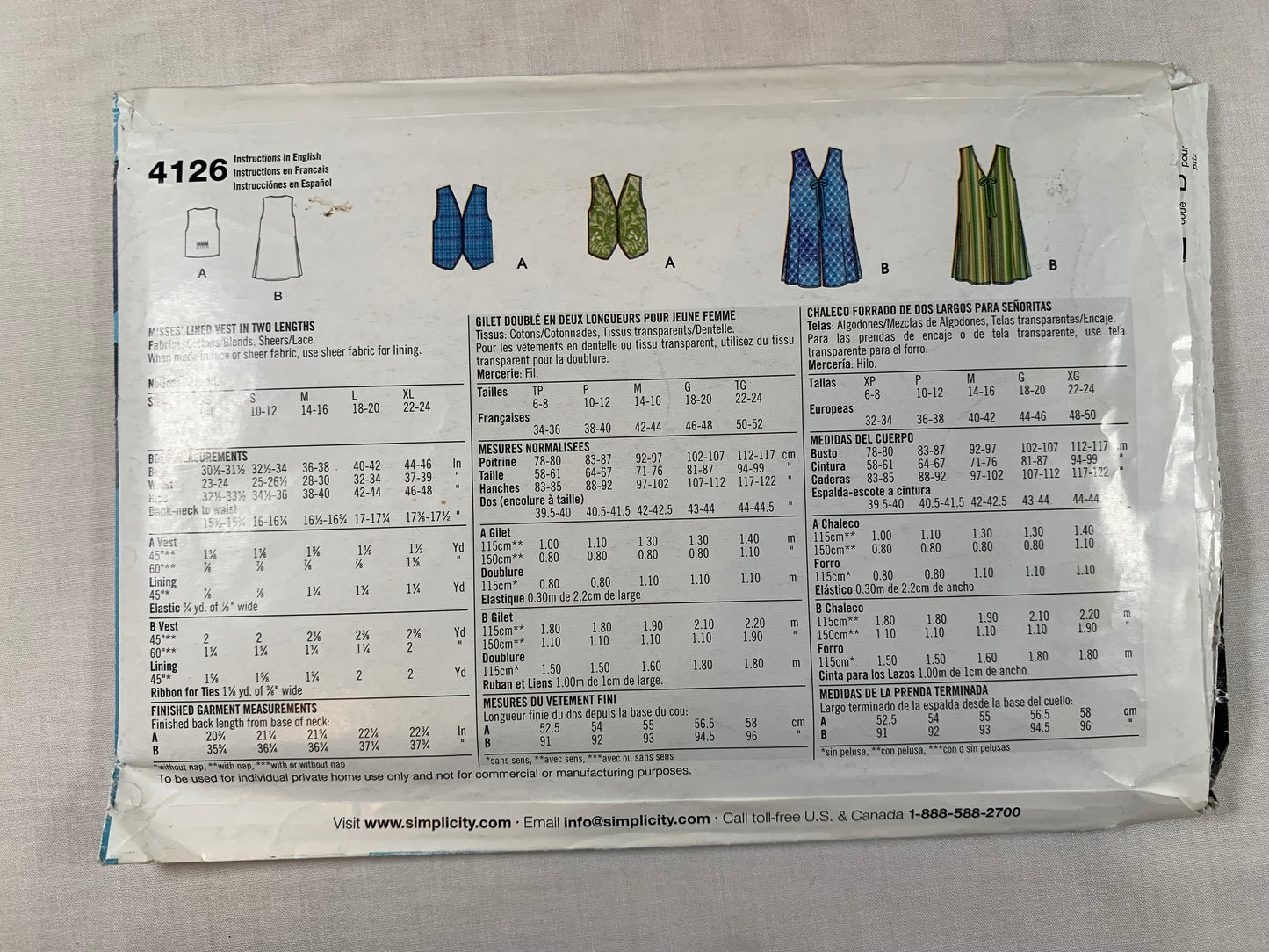 Simplicity Sewing Pattern 4126 Misses' Vests, Sleeveless, Tie Front, Two Lengths, 2 Variations, Size 6-24, Uncut, 2008