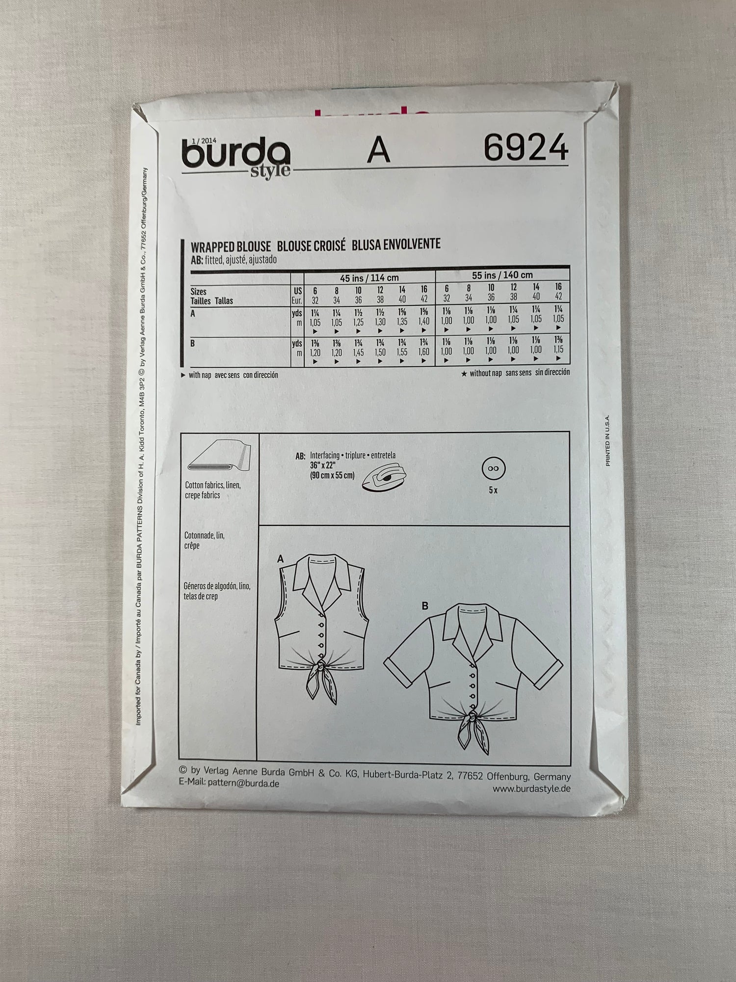 Burda Sewing Pattern 6924 Misses' Blouse, Top, Button Front, Collar, 2 Variations, Fitted, Sleeveless, Short Sleeves, Size 6-16, Uncut, 2000